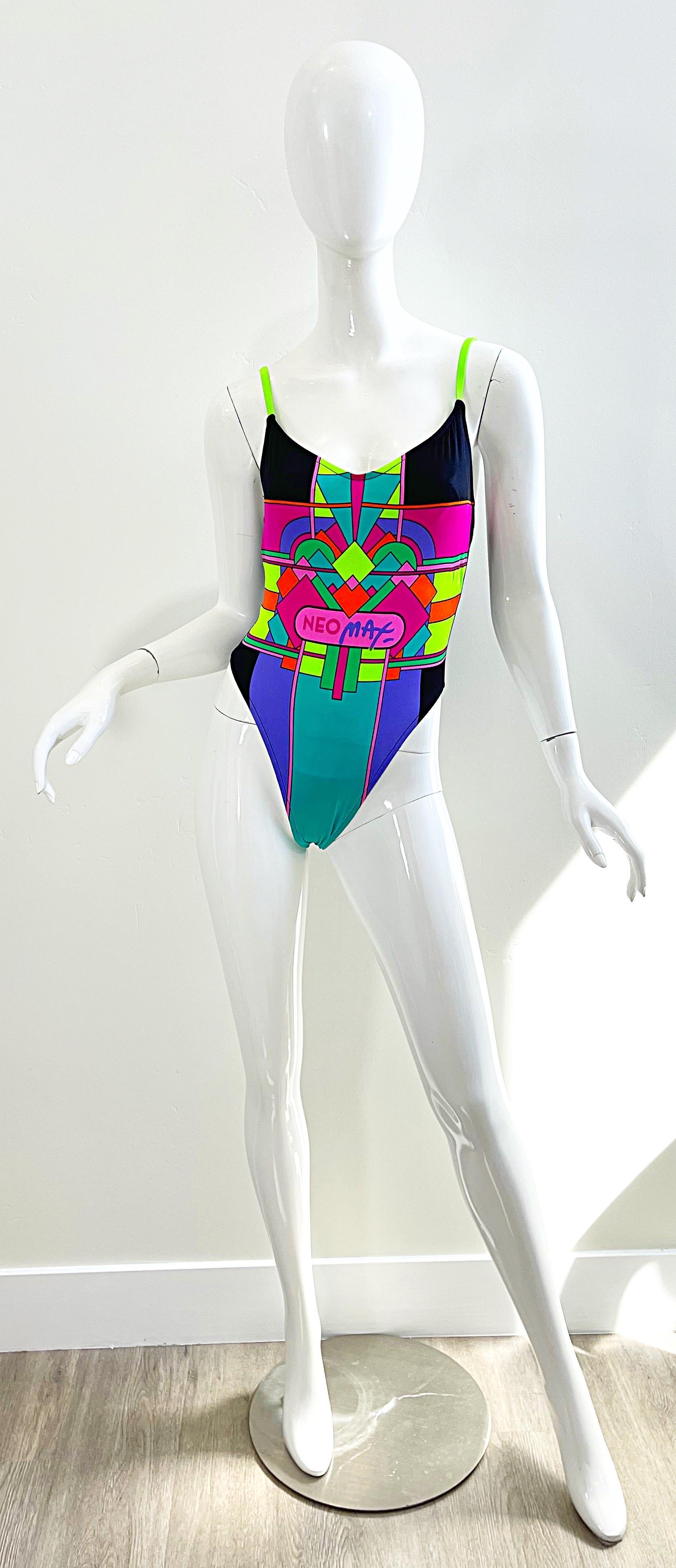 NWT 1980s Peter Max Neomax Neon Abstract Art Print One Piece Swimsuit Bodysuit For Sale 6