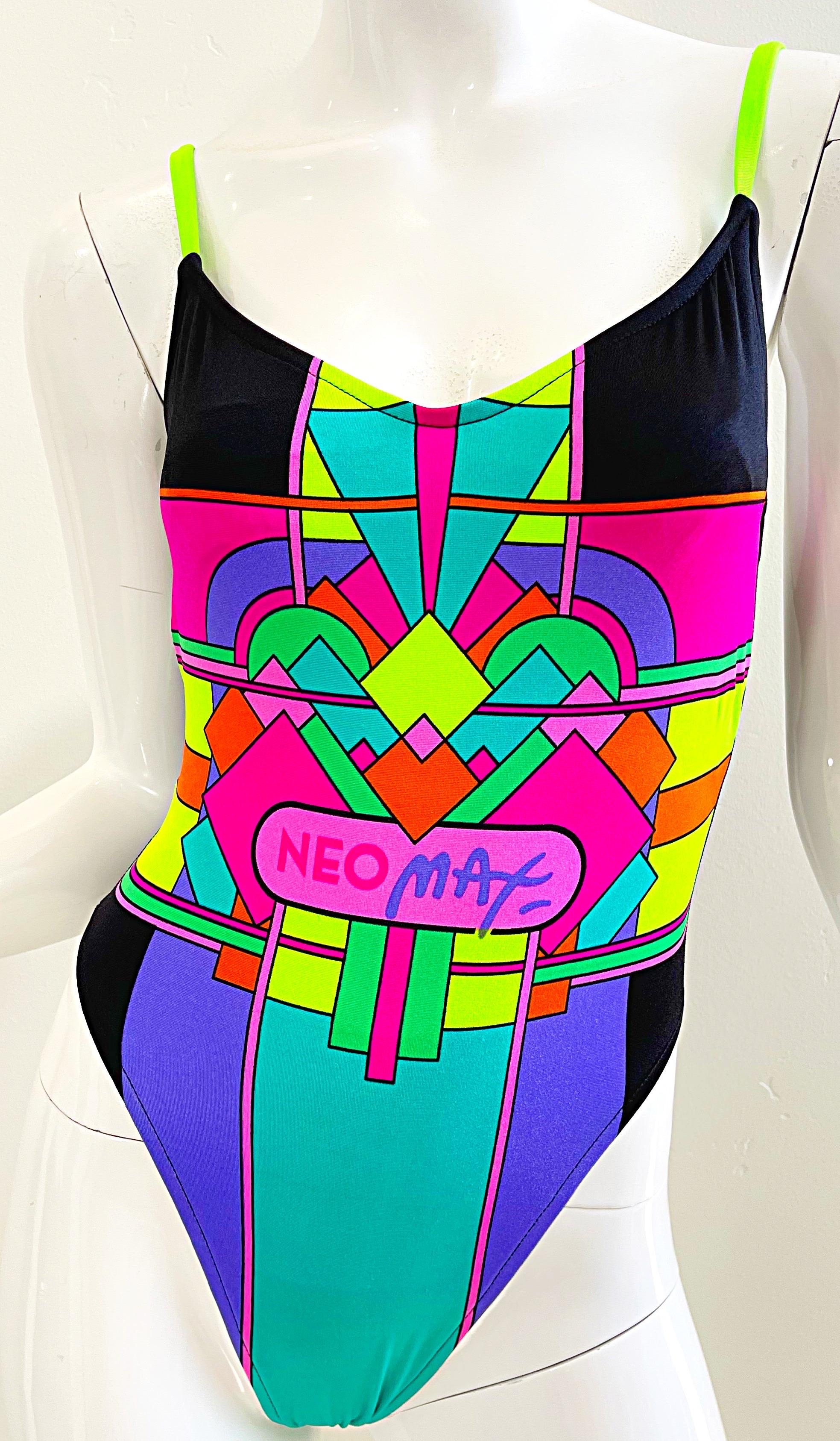 Purple NWT 1980s Peter Max Neomax Neon Abstract Art Print One Piece Swimsuit Bodysuit For Sale