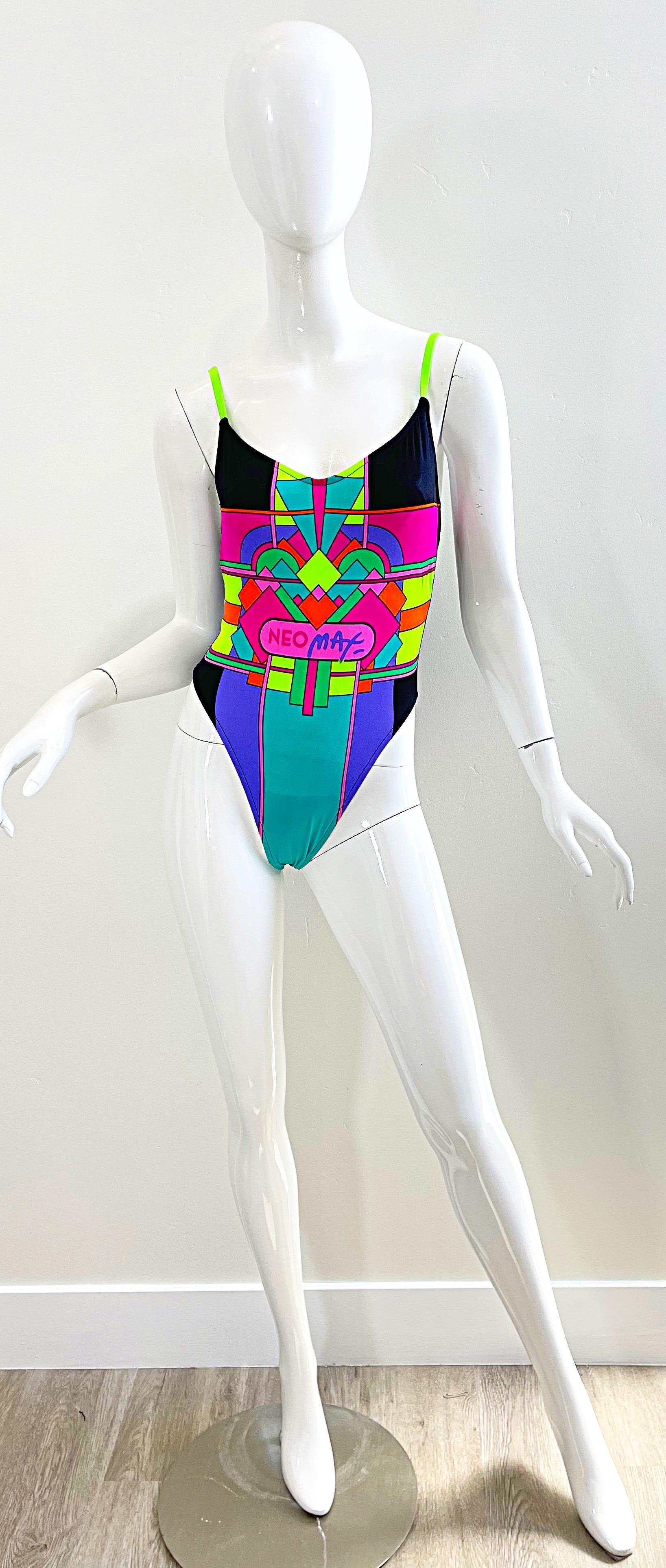 NWT 1980s Peter Max Neomax Neon Abstract Art Print One Piece Swimsuit Bodysuit For Sale 1