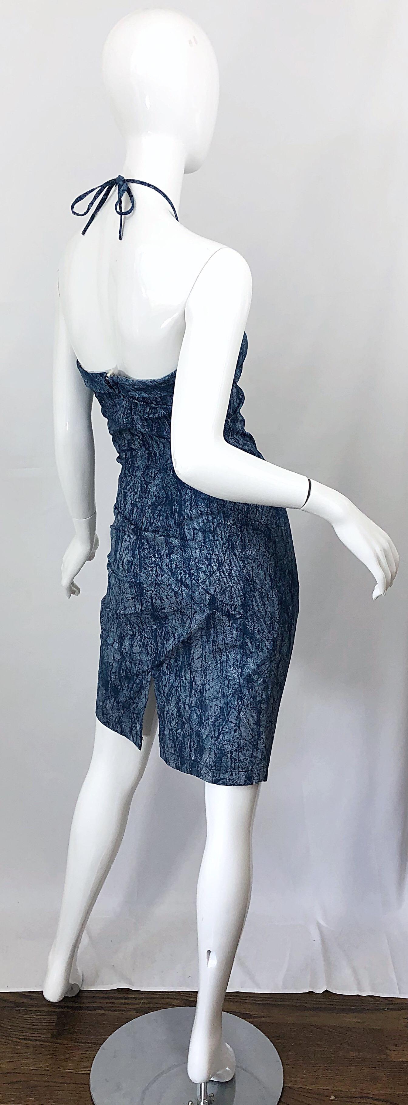 NWT 1980s Vintage Denim Trompe l'oeil Cotton Blue Jean Abstract 80s Halter Dress For Sale 5