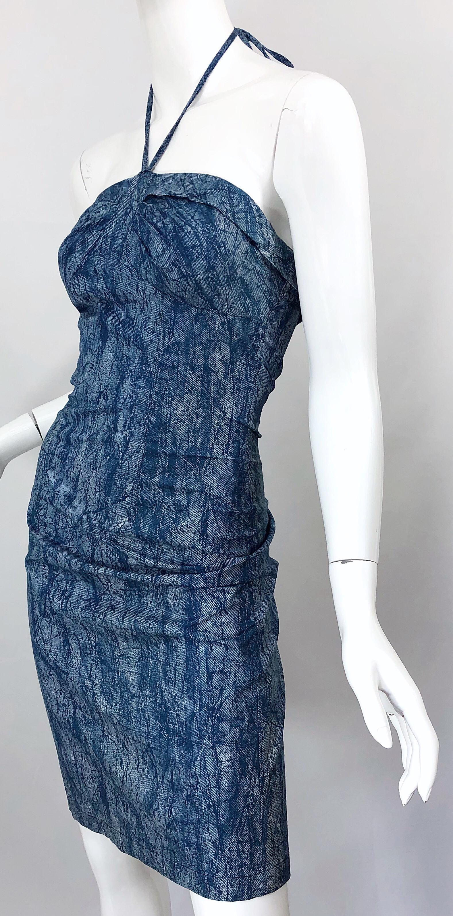 NWT 1980s Vintage Denim Trompe l'oeil Cotton Blue Jean Abstract 80s Halter Dress For Sale 6