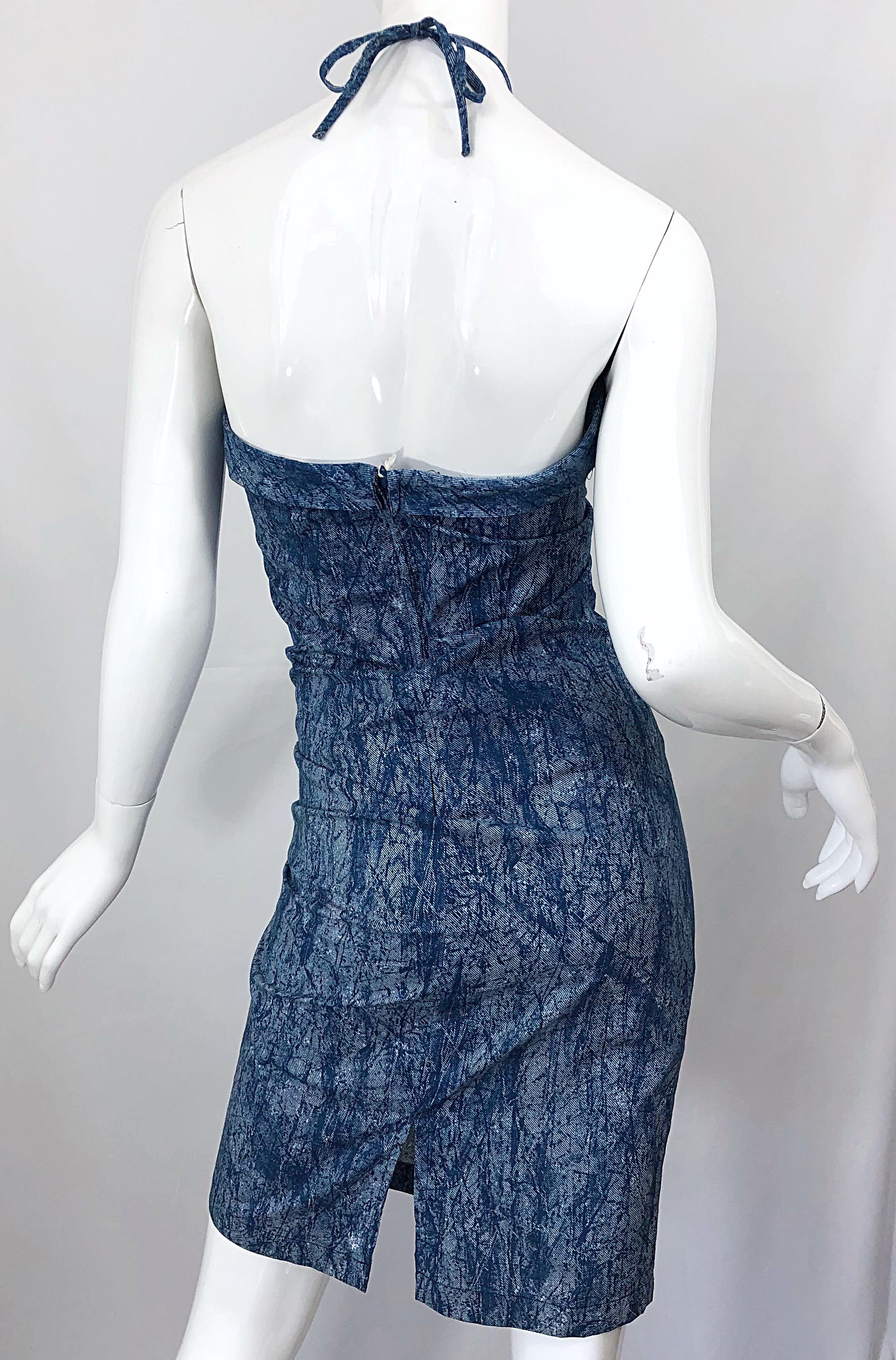 NWT 1980s Vintage Denim Trompe l'oeil Cotton Blue Jean Abstract 80s Halter Dress For Sale 7
