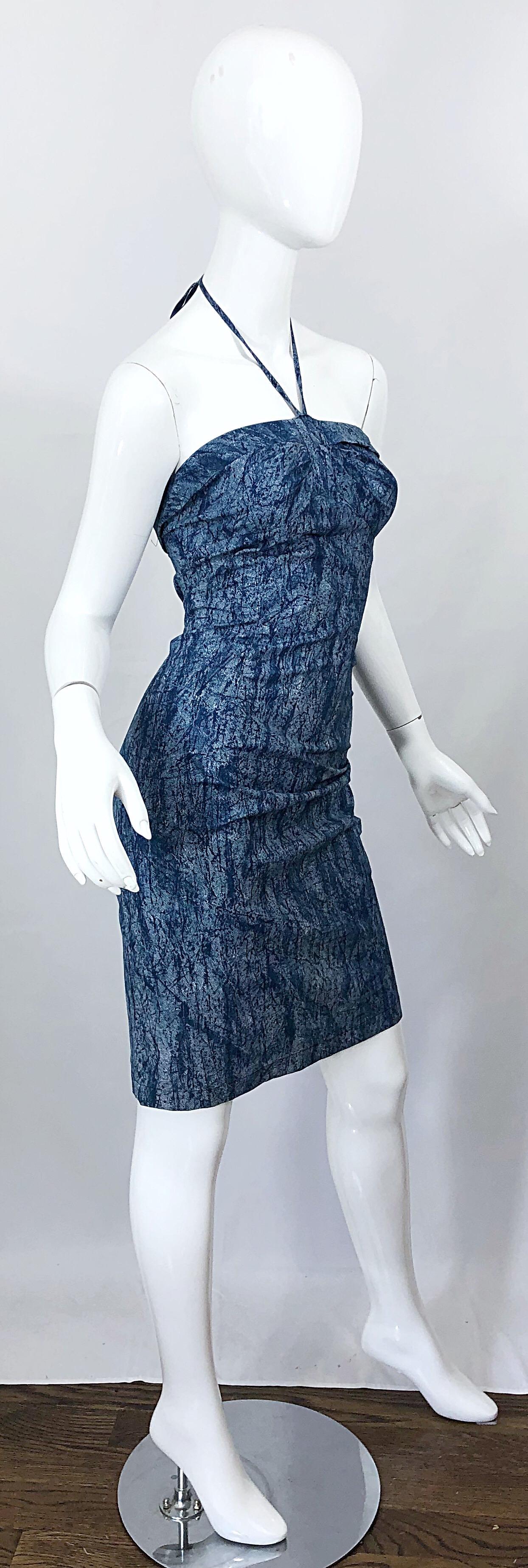 NWT 1980s Vintage Denim Trompe l'oeil Cotton Blue Jean Abstract 80s Halter Dress For Sale 8