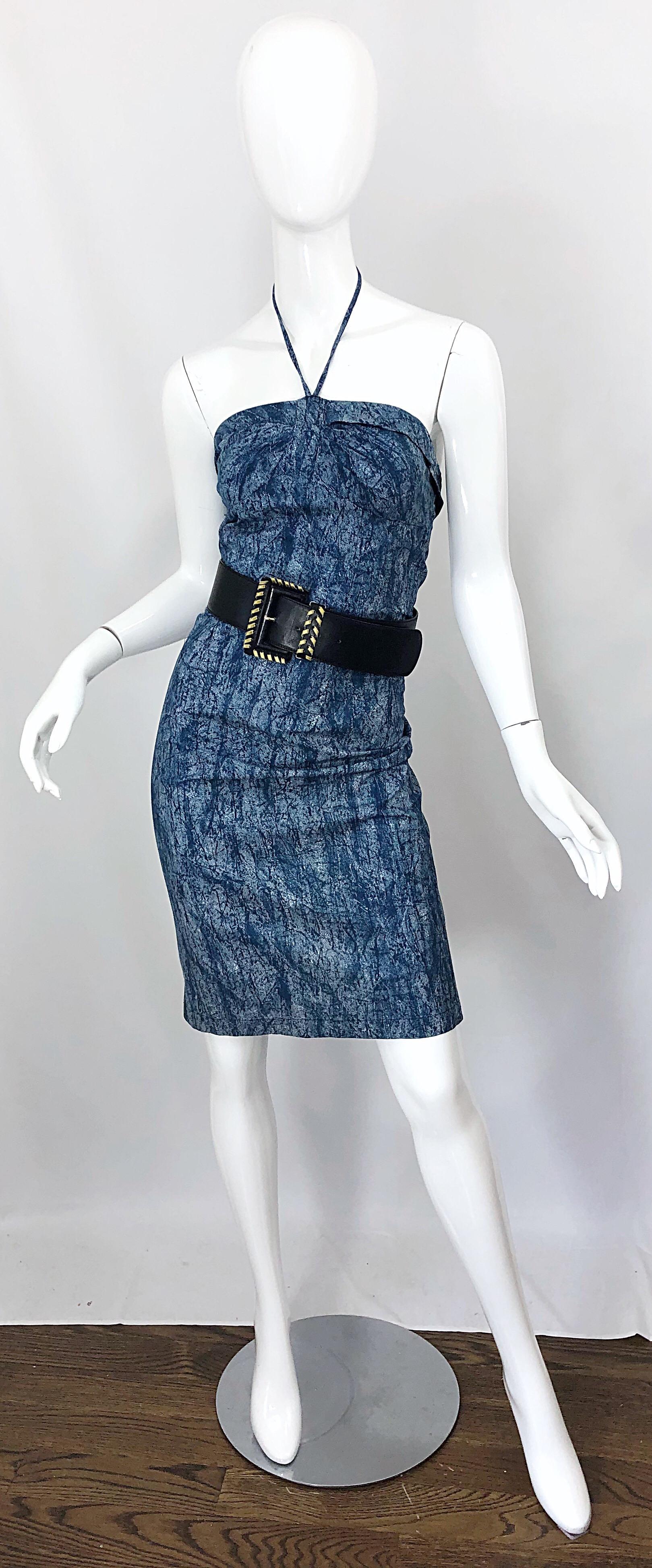 NWT 1980s Vintage Denim Trompe l'oeil Cotton Blue Jean Abstract 80s Halter Dress For Sale 9
