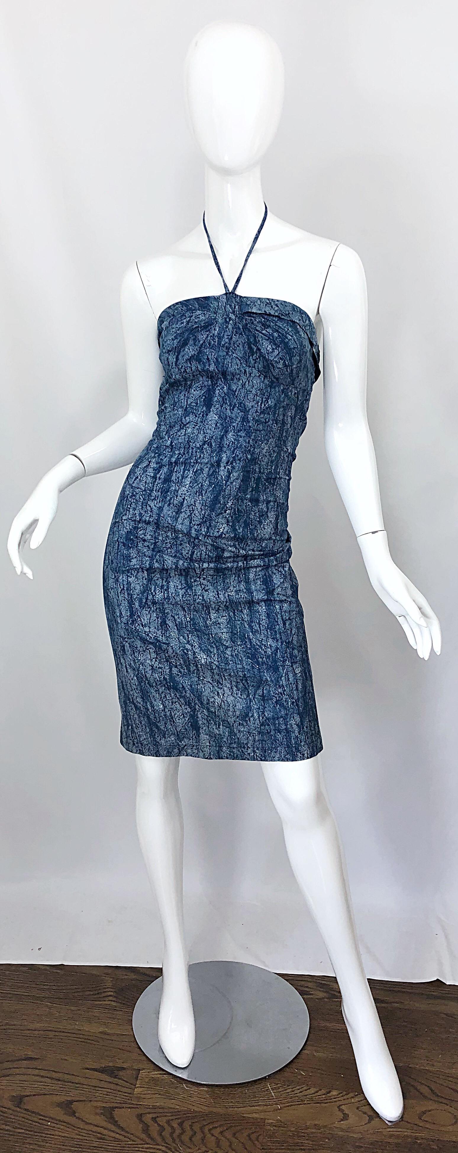 NWT 1980s Vintage Denim Trompe l'oeil Cotton Blue Jean Abstract 80s Halter Dress For Sale 10