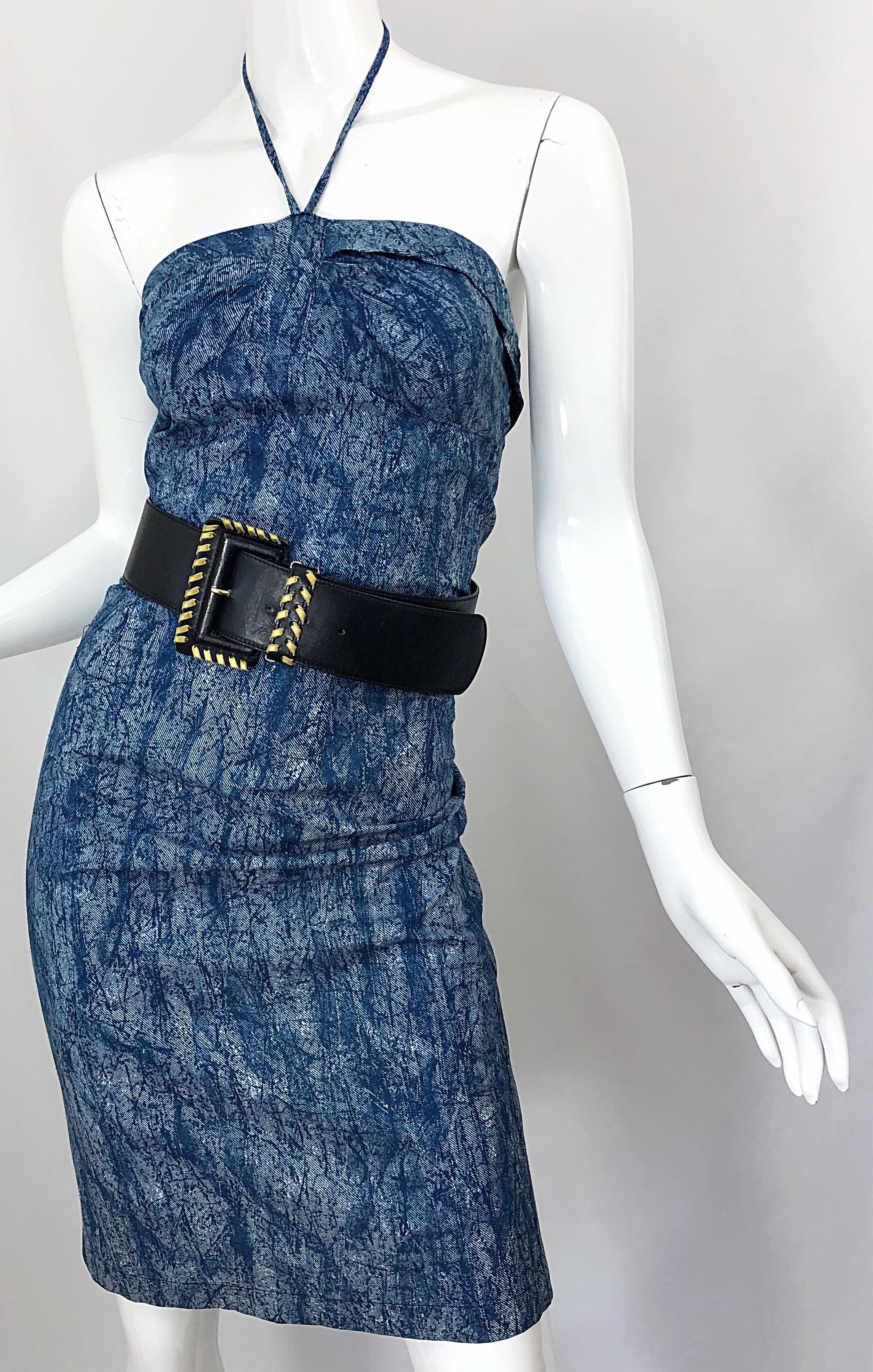 Women's NWT 1980s Vintage Denim Trompe l'oeil Cotton Blue Jean Abstract 80s Halter Dress For Sale