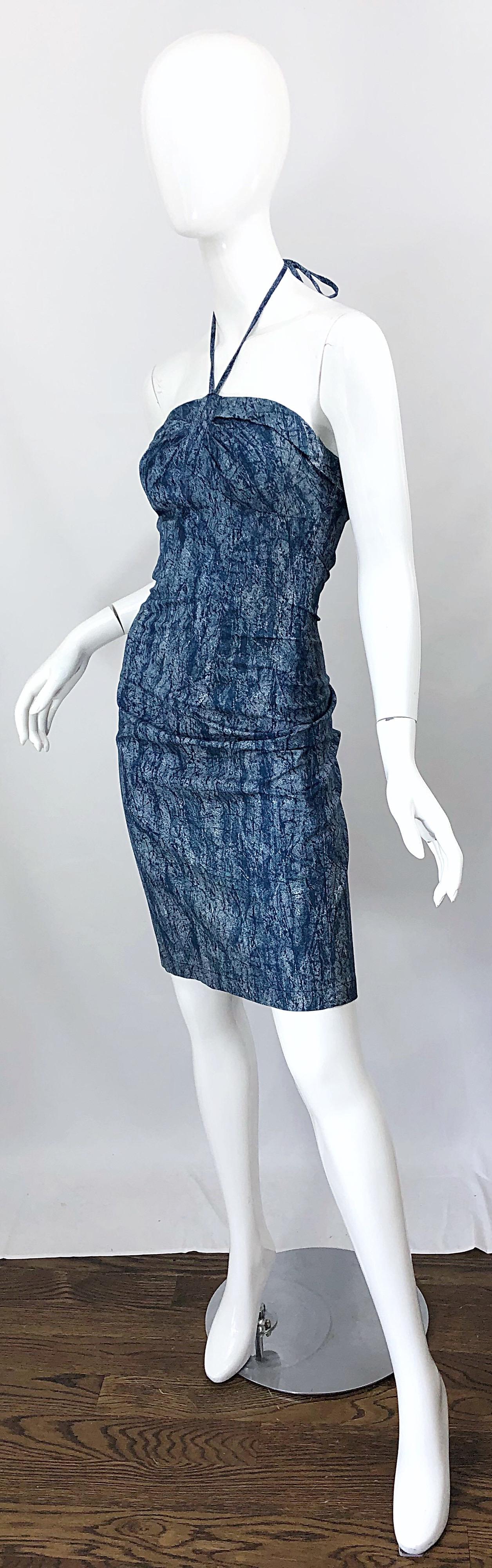 NWT 1980s Vintage Denim Trompe l'oeil Cotton Blue Jean Abstract 80s Halter Dress For Sale 1
