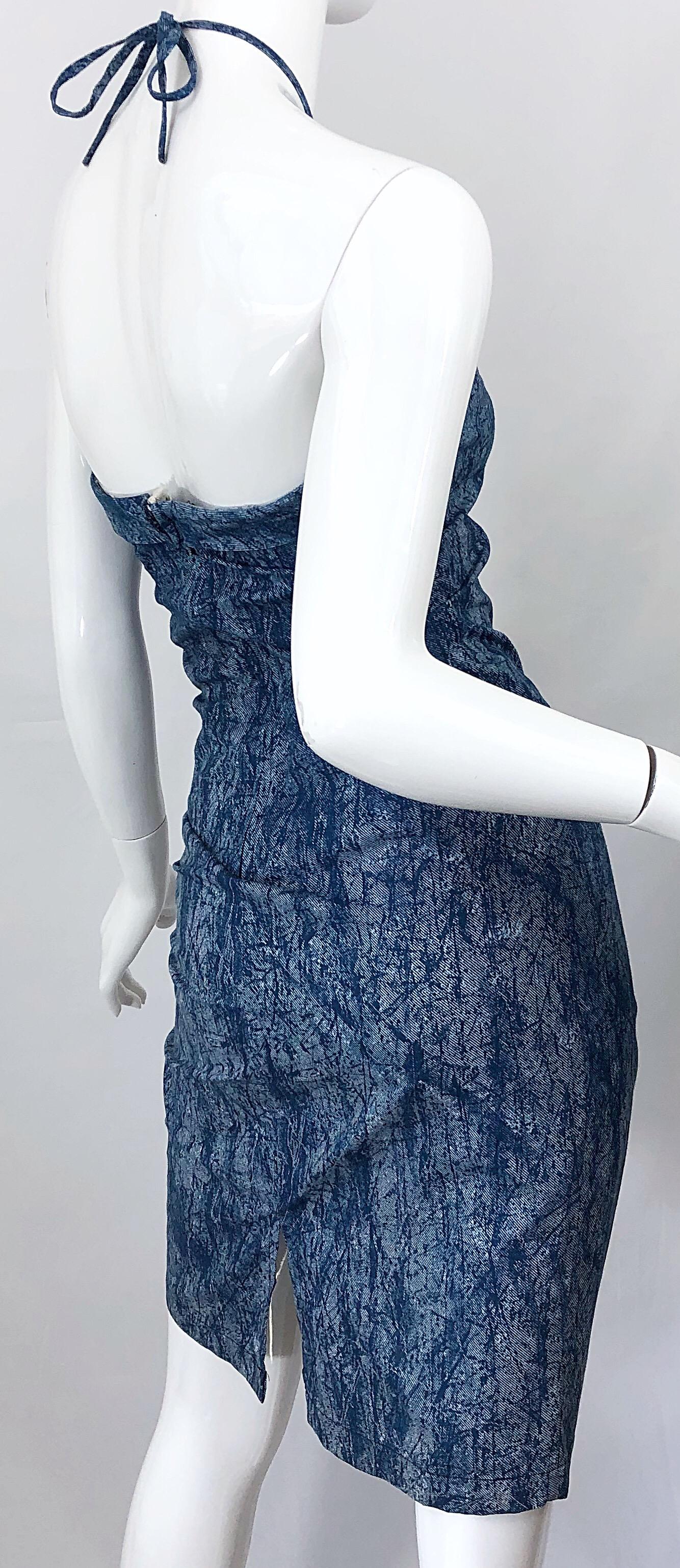NWT 1980s Vintage Denim Trompe l'oeil Cotton Blue Jean Abstract 80s Halter Dress For Sale 2