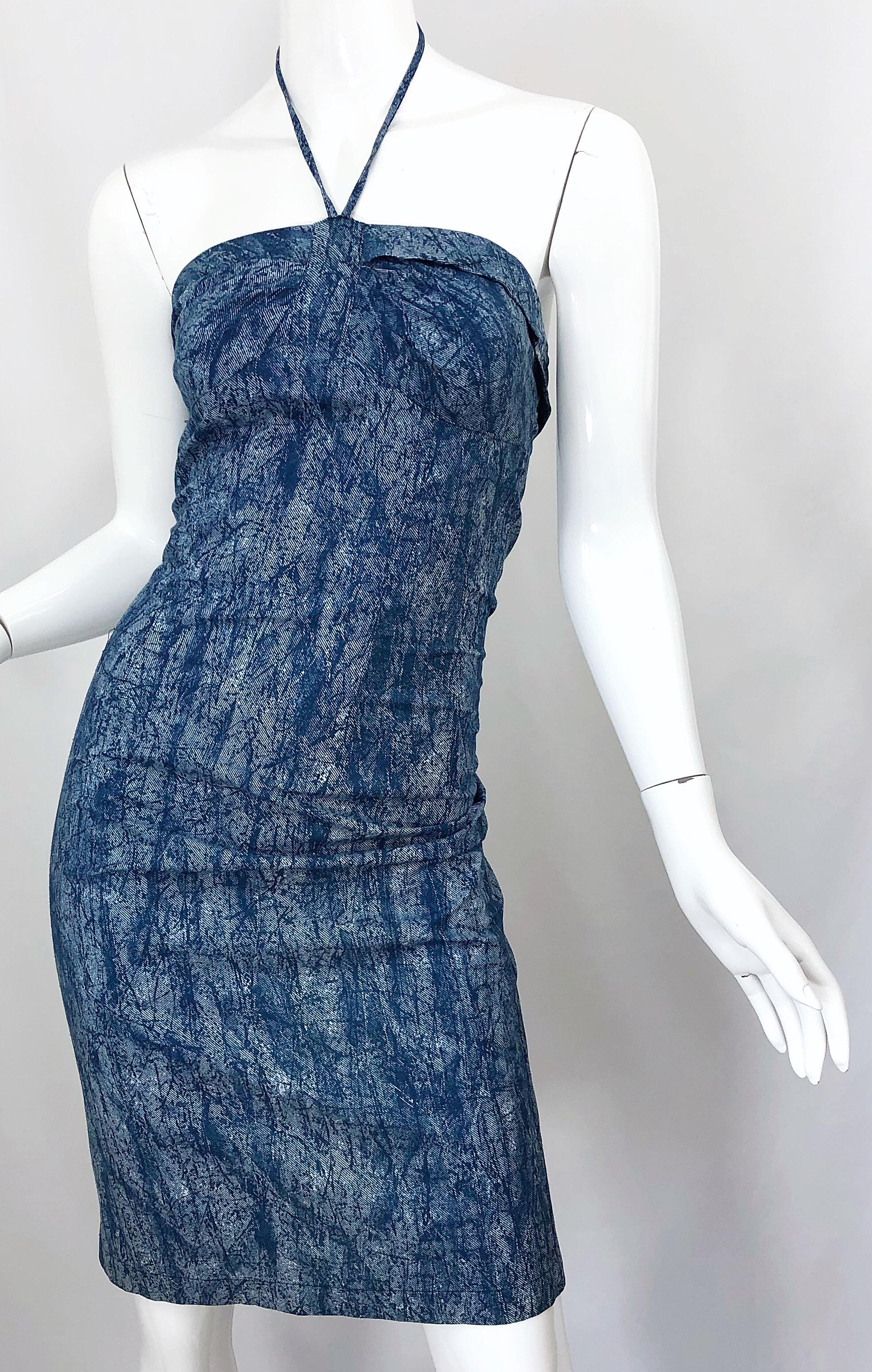 NWT 1980s Vintage Denim Trompe l'oeil Cotton Blue Jean Abstract 80s Halter Dress For Sale 3