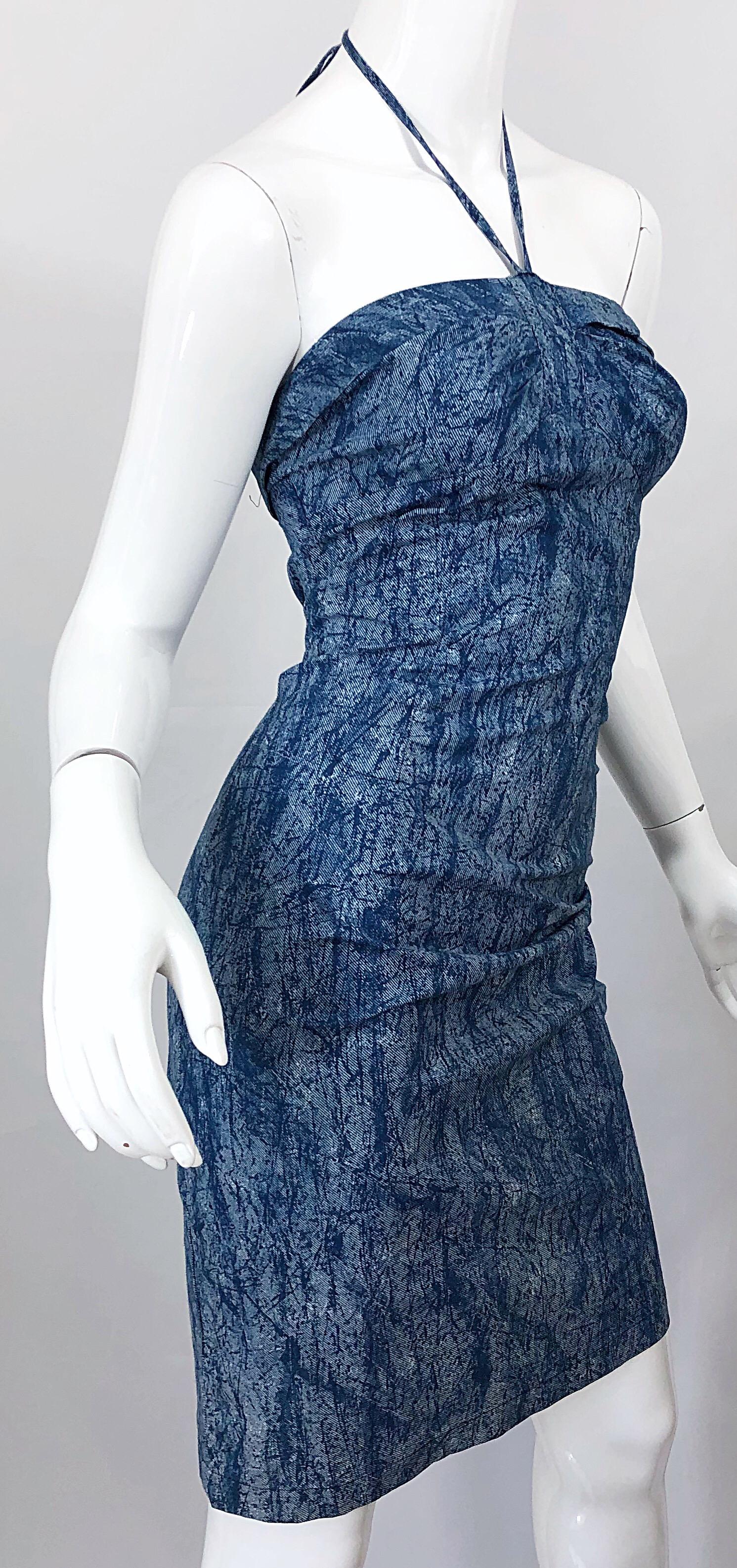 NWT 1980s Vintage Denim Trompe l'oeil Cotton Blue Jean Abstract 80s Halter Dress For Sale 4