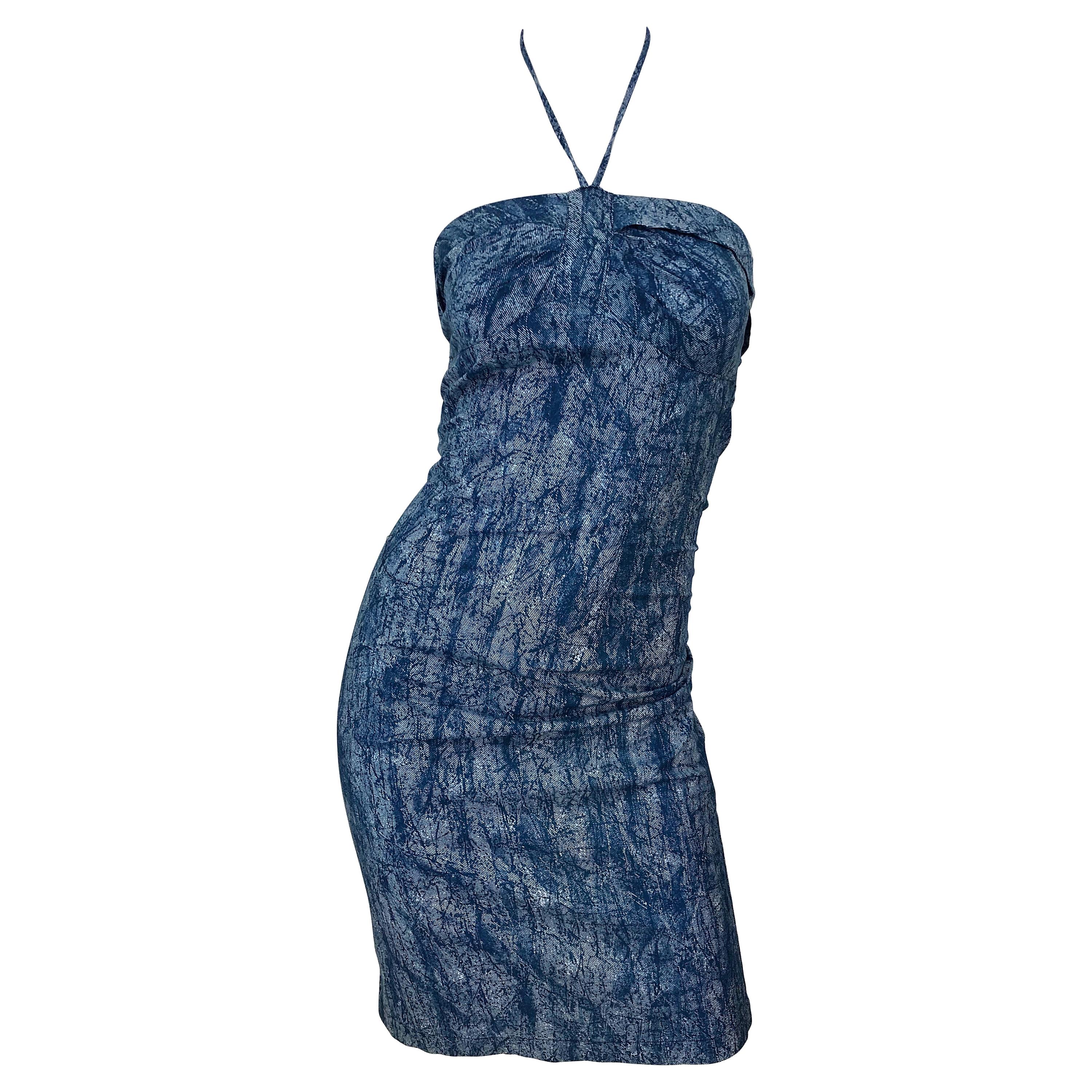 NWT 1980s Vintage Denim Trompe l'oeil Cotton Blue Jean Abstract 80s Halter Dress For Sale