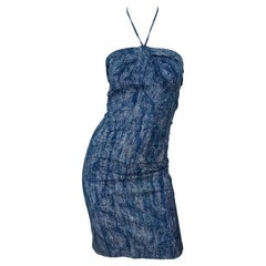 NWT 1980s Retro Denim Trompe l'oeil Cotton Blue Jean Abstract 80s Halter Dress