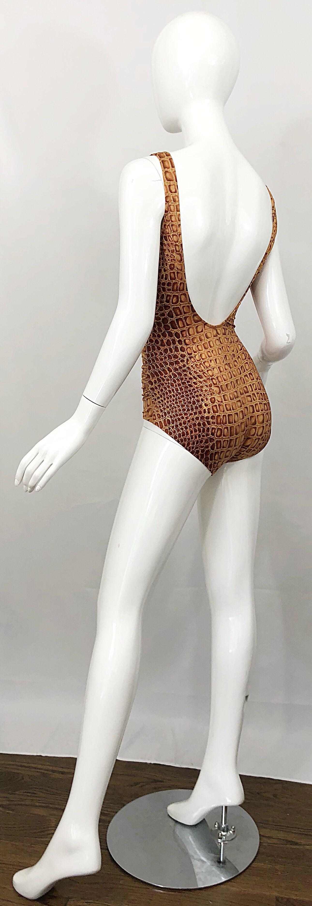 NWT 1990s Bill Blass Size 10 Brown + Gold Alligator Vintage One Piece Swimsuit For Sale 4