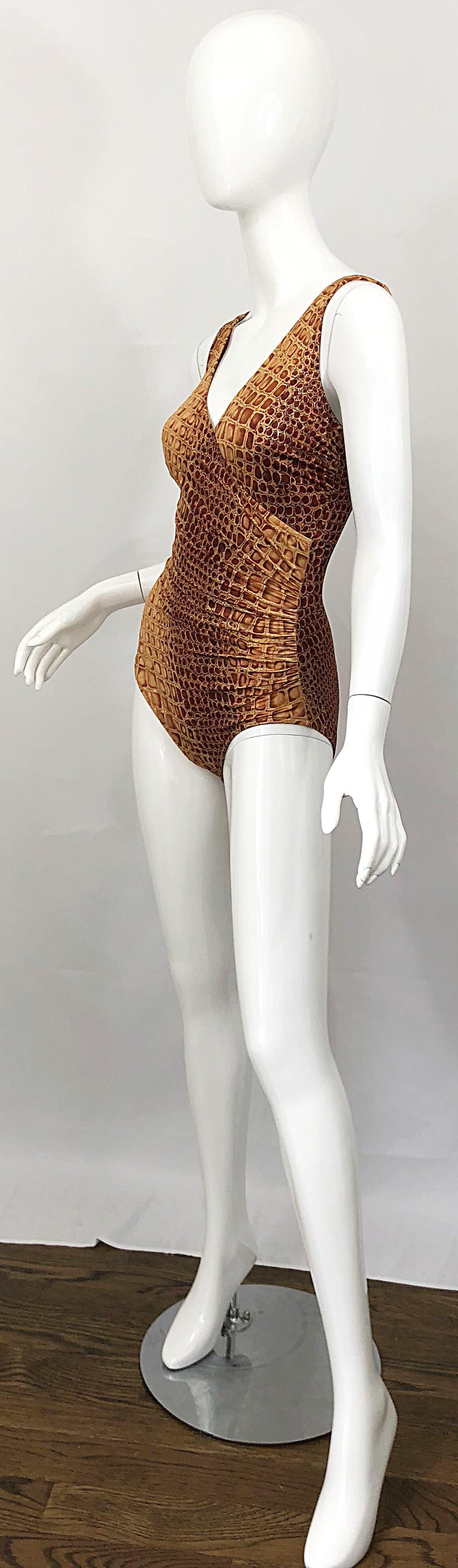 NWT 1990s Bill Blass Size 10 Brown + Gold Alligator Vintage One Piece Swimsuit For Sale 5