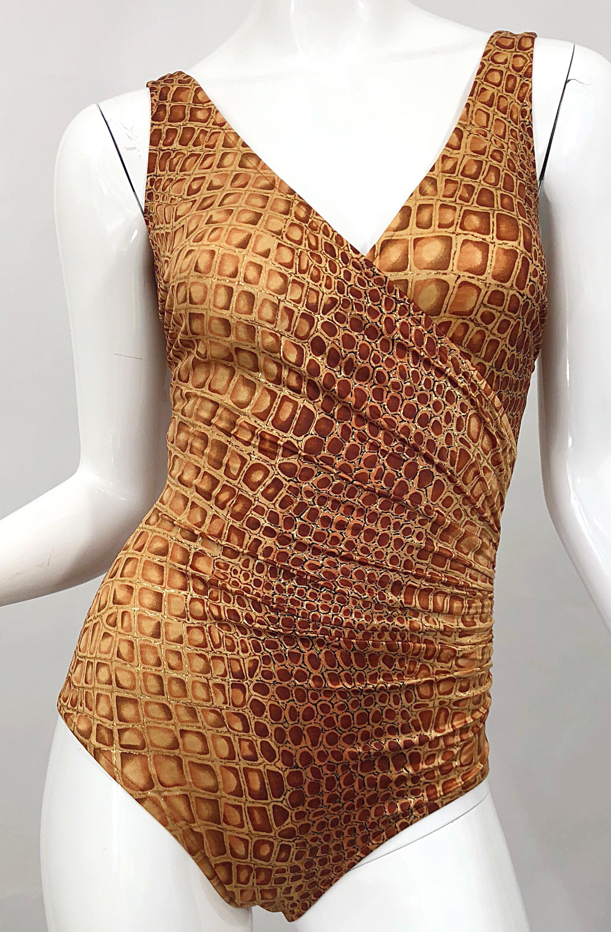 NWT 1990s Bill Blass Size 10 Brown + Gold Alligator Vintage One Piece Swimsuit For Sale 6