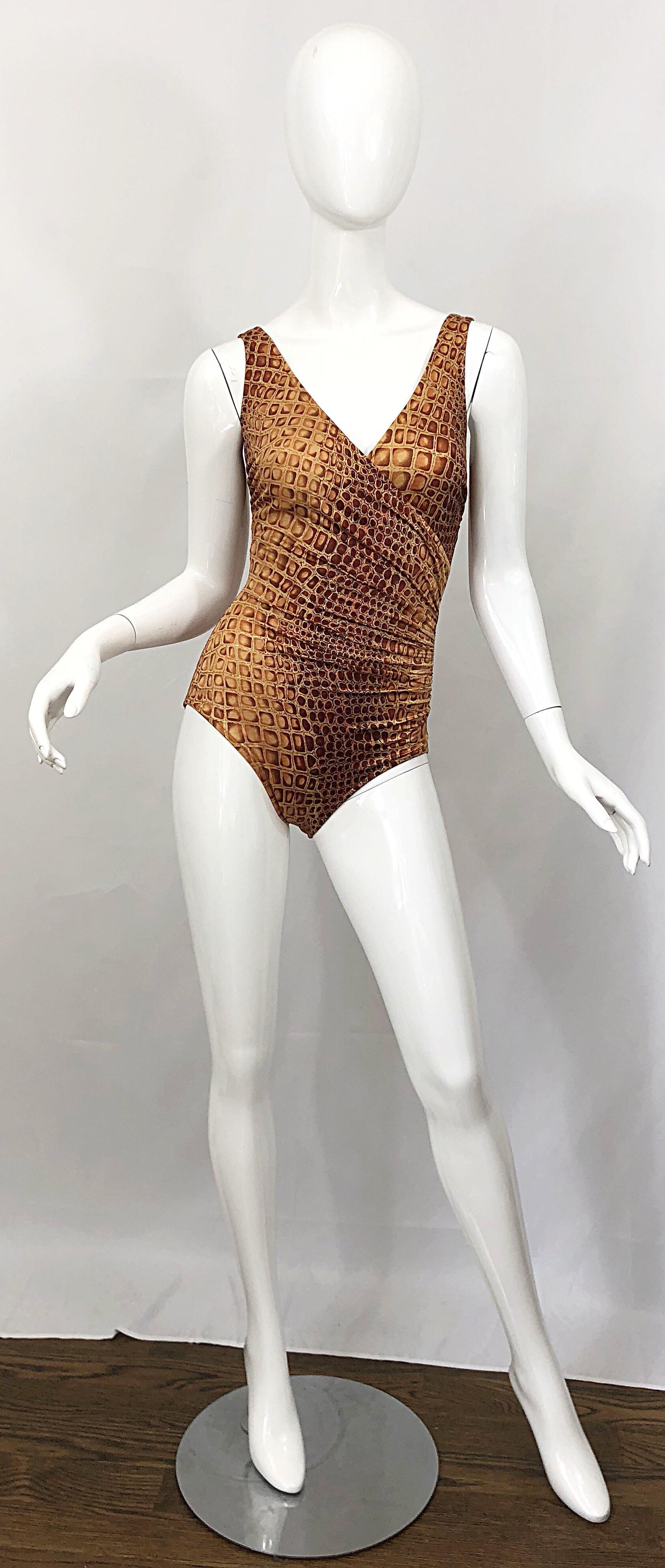 NWT 1990s Bill Blass Size 10 Brown + Gold Alligator Vintage One Piece Swimsuit For Sale 7