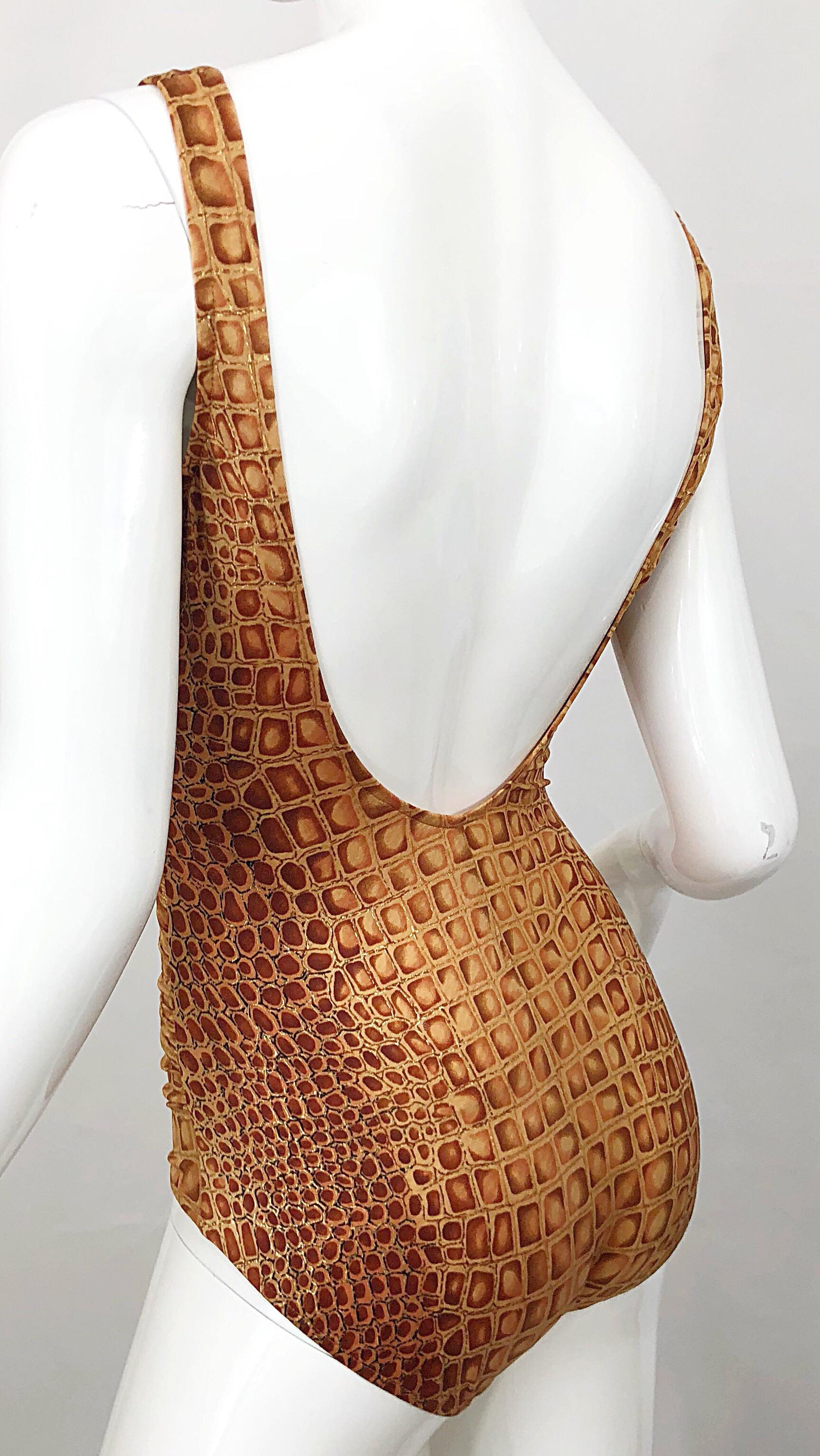 Women's NWT 1990s Bill Blass Size 10 Brown + Gold Alligator Vintage One Piece Swimsuit For Sale