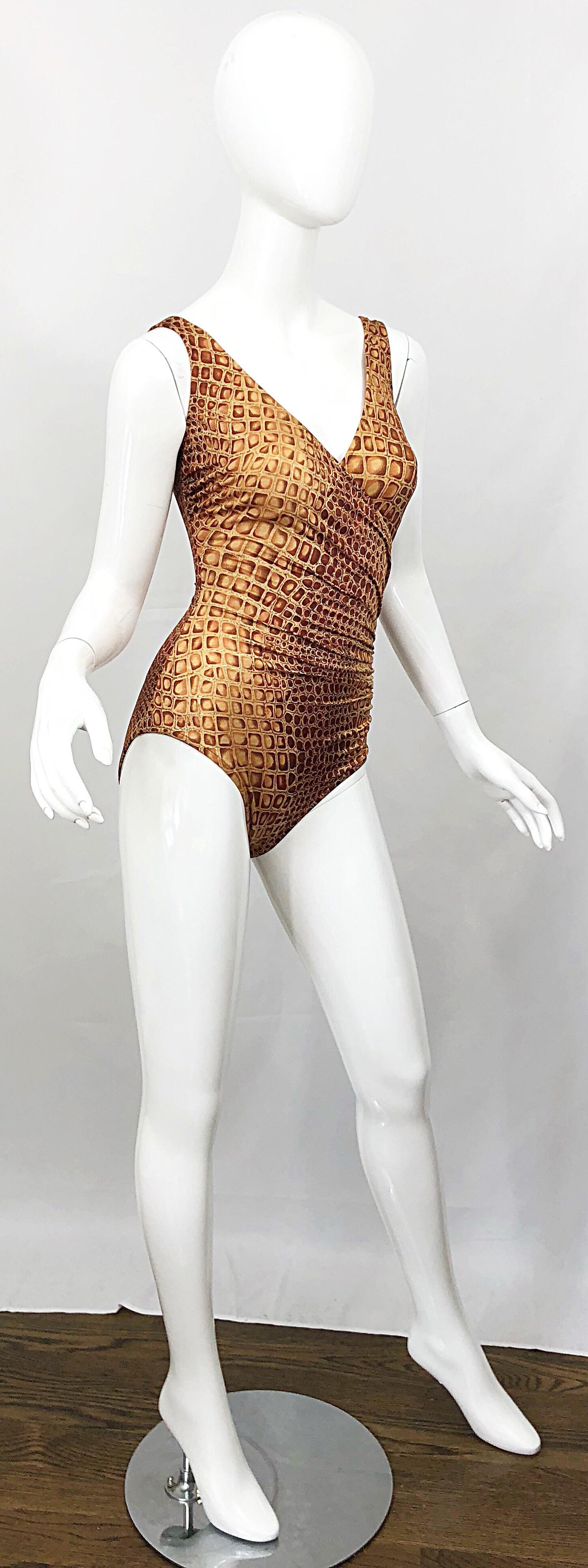 NWT 1990s Bill Blass Size 10 Brown + Gold Alligator Vintage One Piece Swimsuit For Sale 1