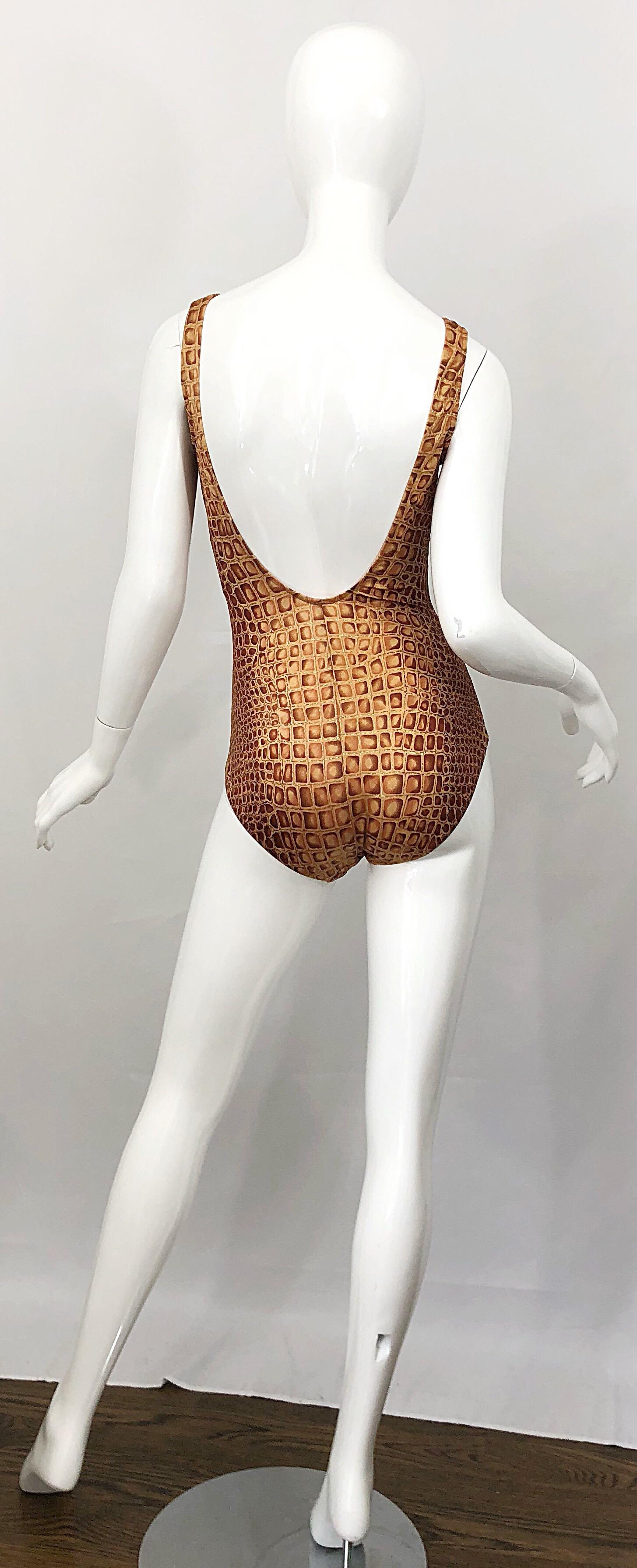 NWT 1990s Bill Blass Size 10 Brown + Gold Alligator Vintage One Piece Swimsuit For Sale 2