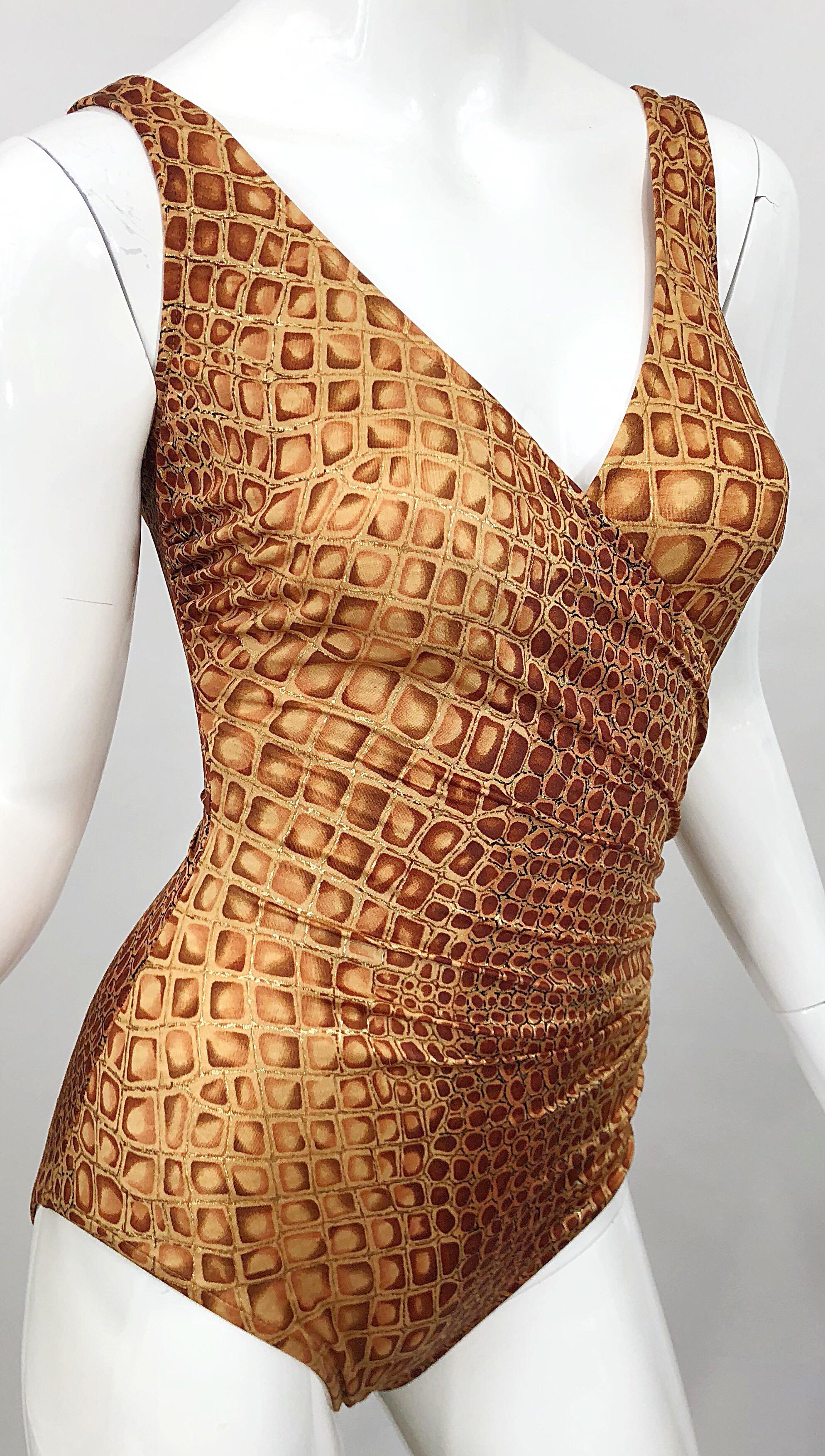 NWT 1990s Bill Blass Size 10 Brown + Gold Alligator Vintage One Piece Swimsuit For Sale 3