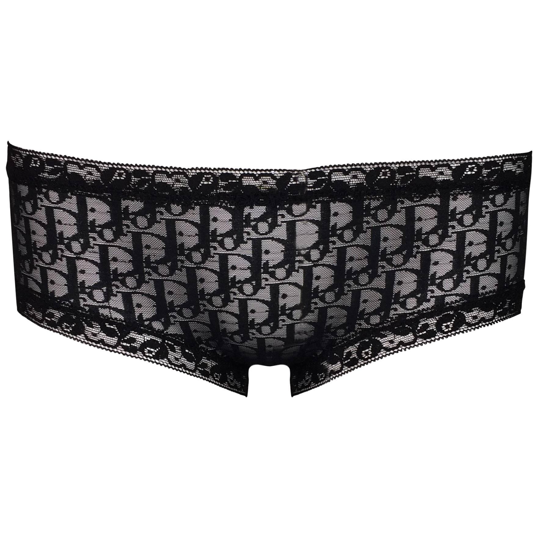 NWT 1990's Christian Dior Sheer Black Monogram Logo Mesh Lace Low Rise Panties