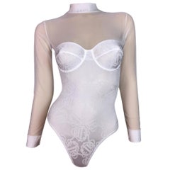 NWT 1990's Christian Dior White Sheer Mesh Monogram Logo Bodysuit Top