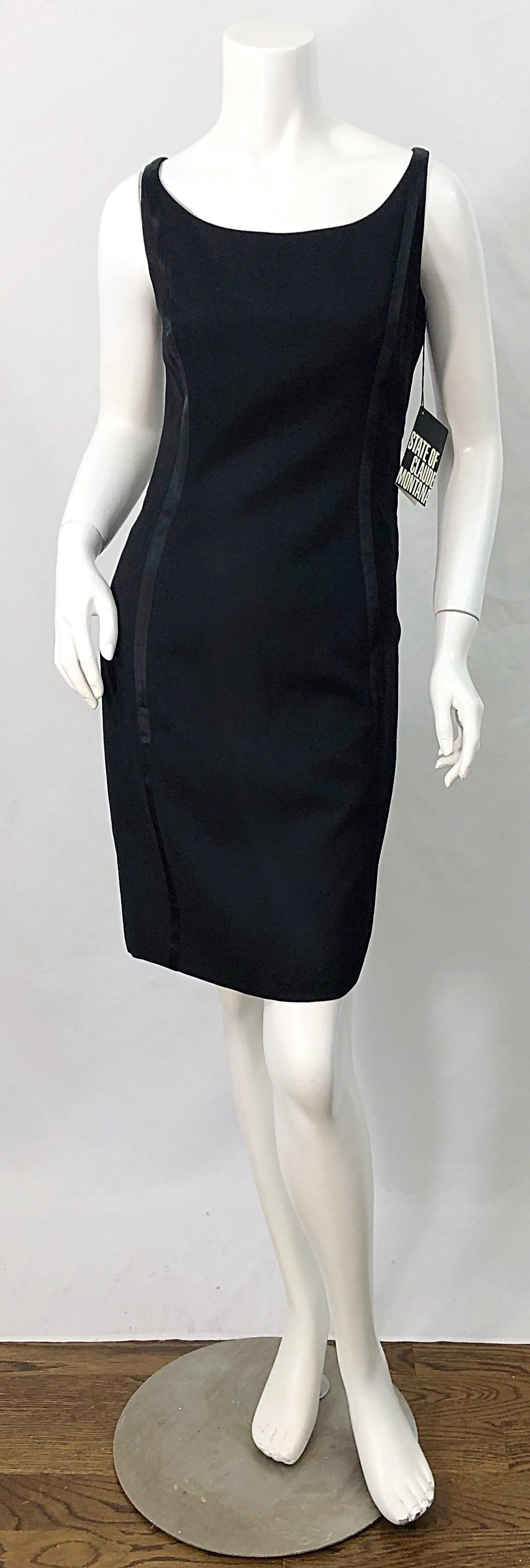 New with original tags deadstock 1990s CLAUDE MONTANA little black dress ! Features a soft lightweight wool, with satin tuxedo stripes up the front and back sides. Fully lined. Hidden zipper up the back with hook-and-eye closure.
The perfect little