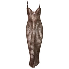 NWT 1990
s Dolce 
Gabbana Sheer Bronze Brown Knit Plunging Wiggle Dress