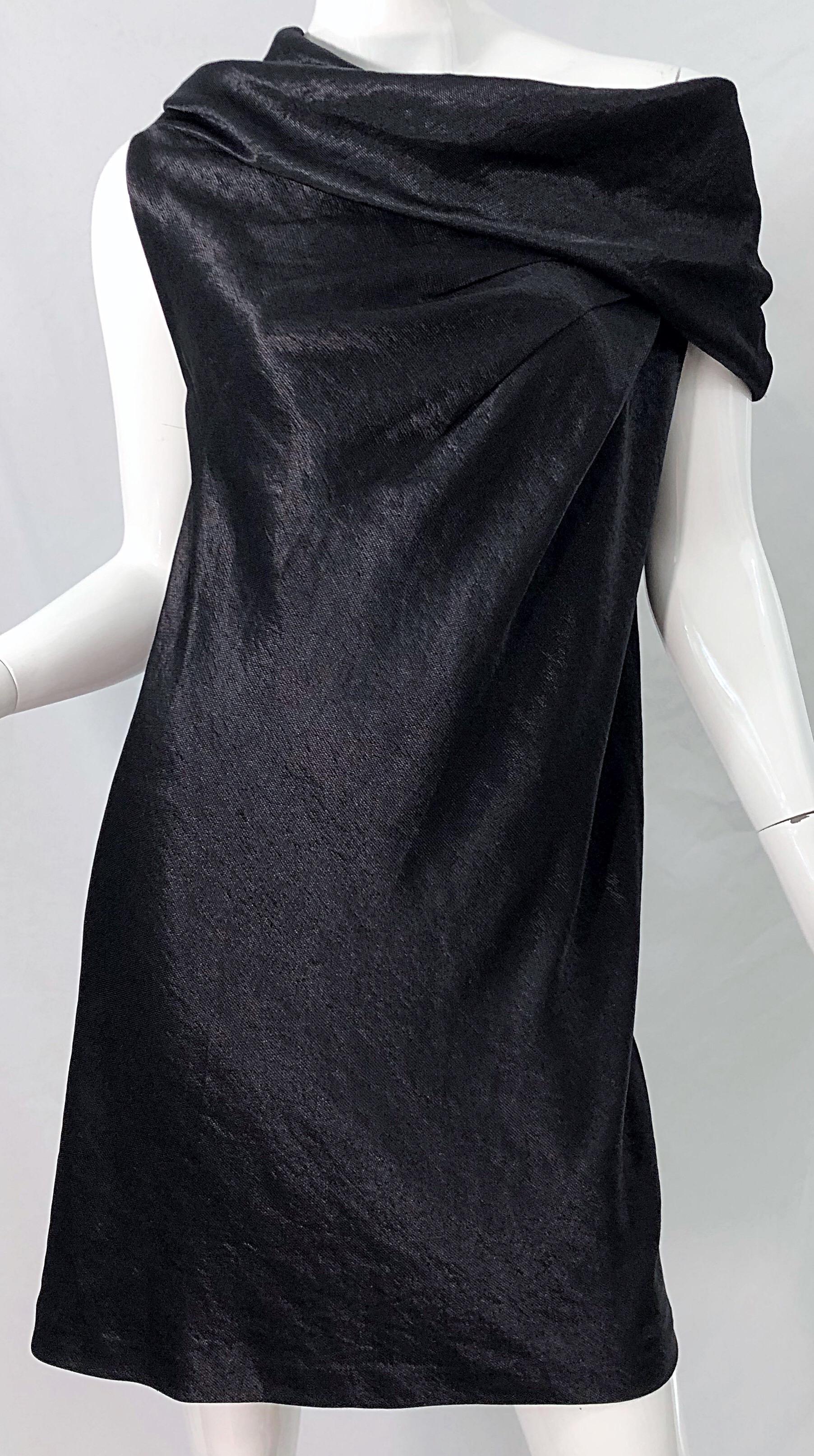 Women's NWT 1990s Donna Karan Size 8 Black Metallic Rayon Off - Shoulder Vintage Dress For Sale
