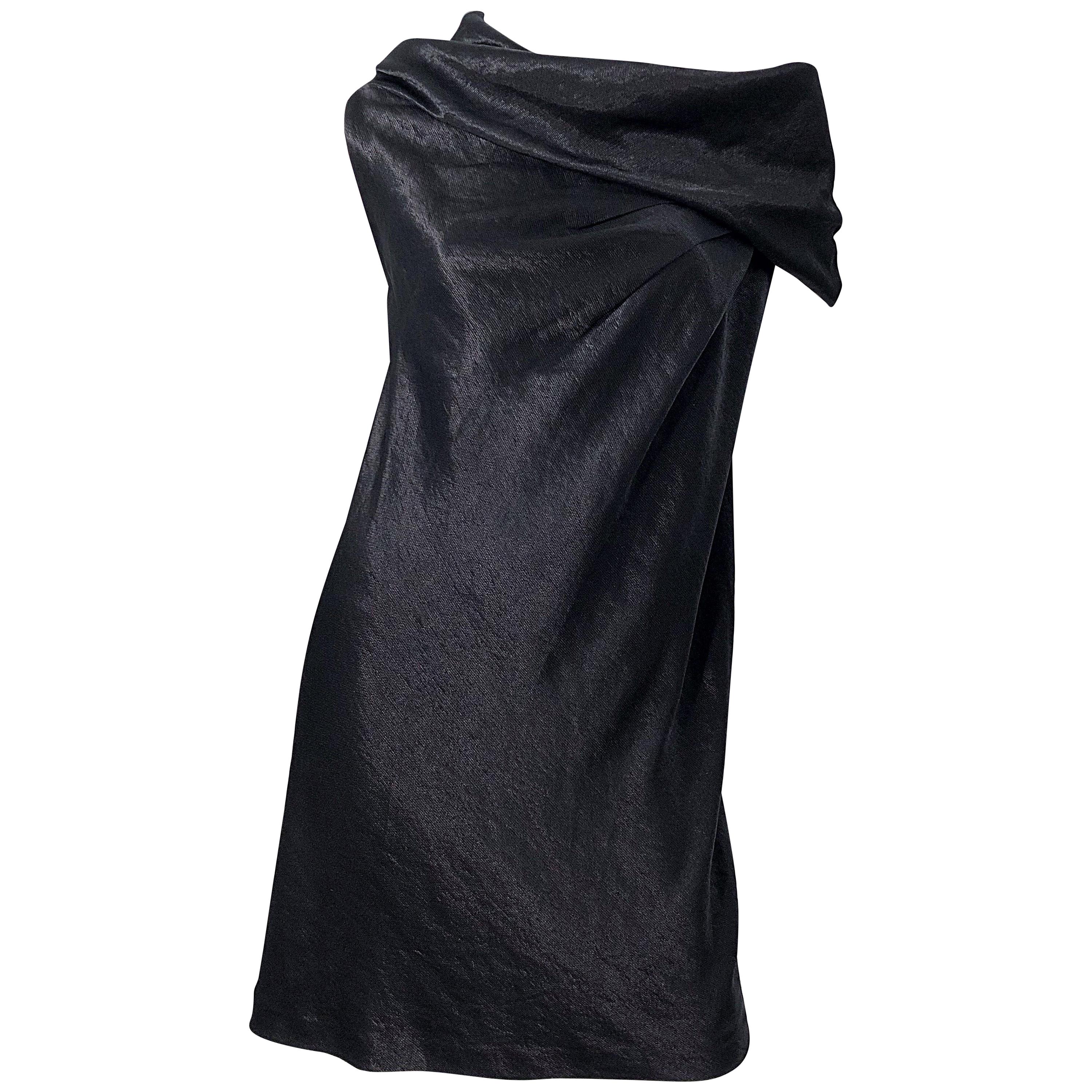 NWT 1990s Donna Karan Size 8 Black Metallic Rayon Off - Shoulder Vintage Dress