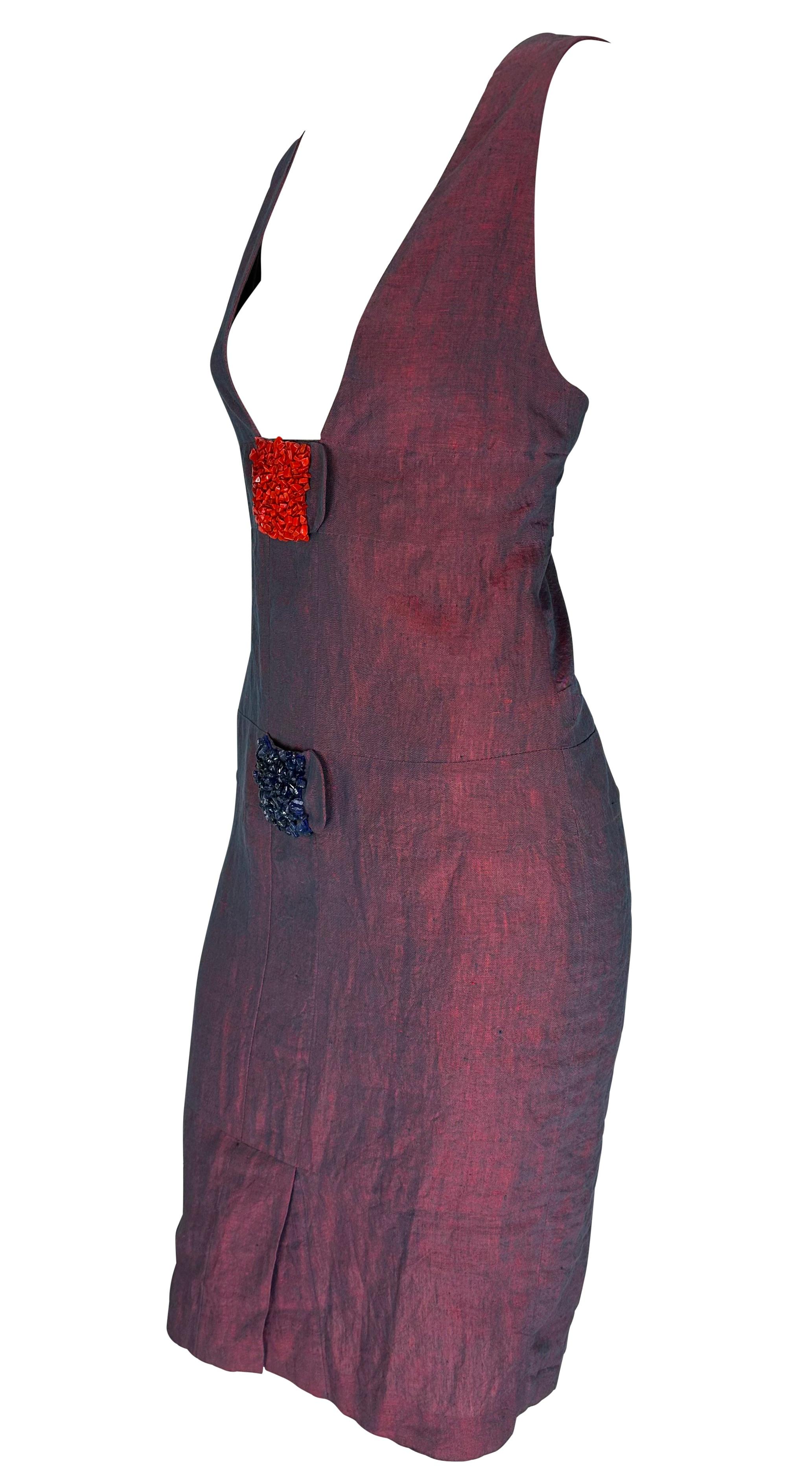 NWT 1990s Fendi by Karl Lagerfeld Iridescent Red Blue Linen Plunge Beaded Dress In Excellent Condition For Sale In West Hollywood, CA