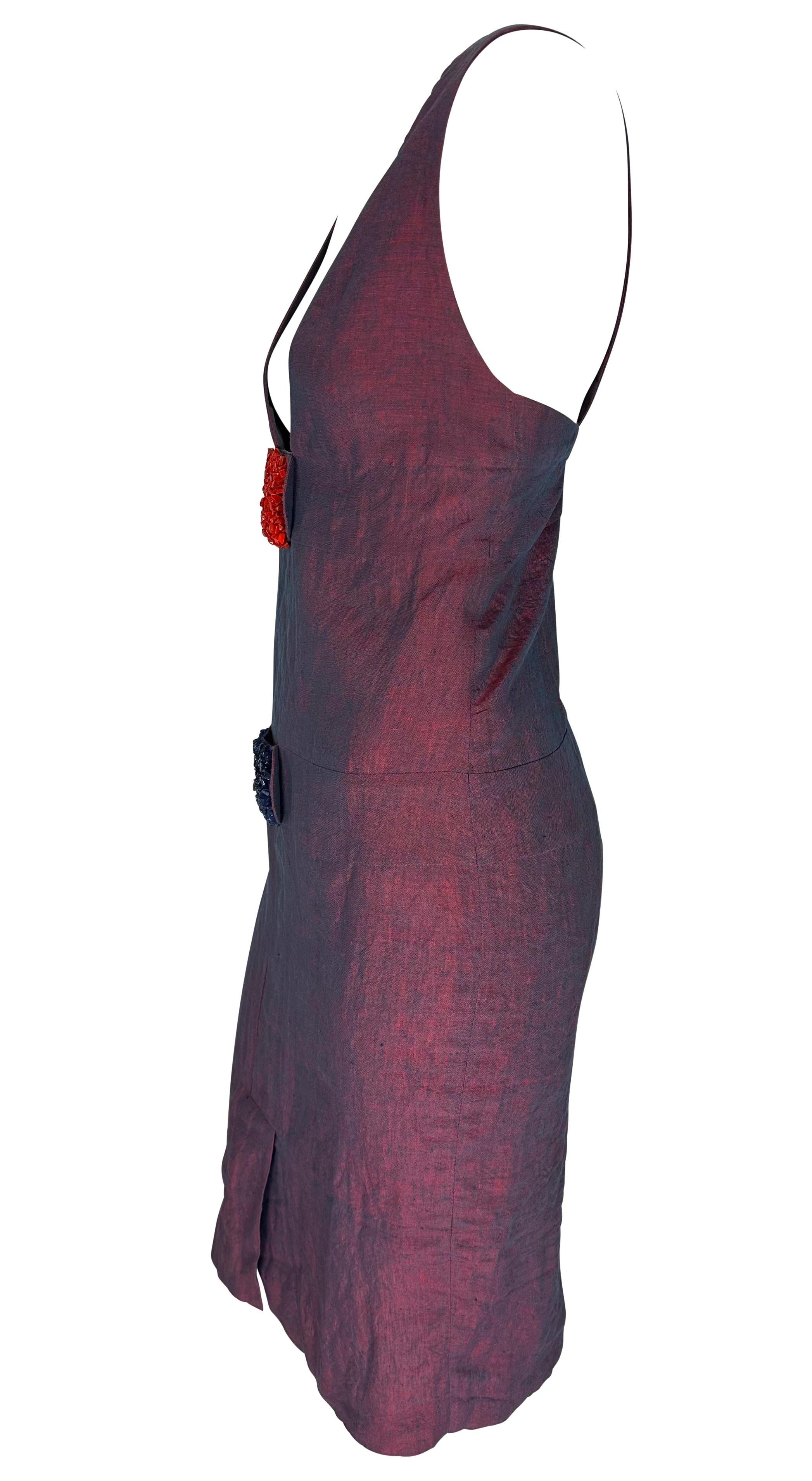 NWT 1990s Fendi by Karl Lagerfeld Iridescent Red Blue Linen Plunge Beaded Dress In Excellent Condition For Sale In West Hollywood, CA