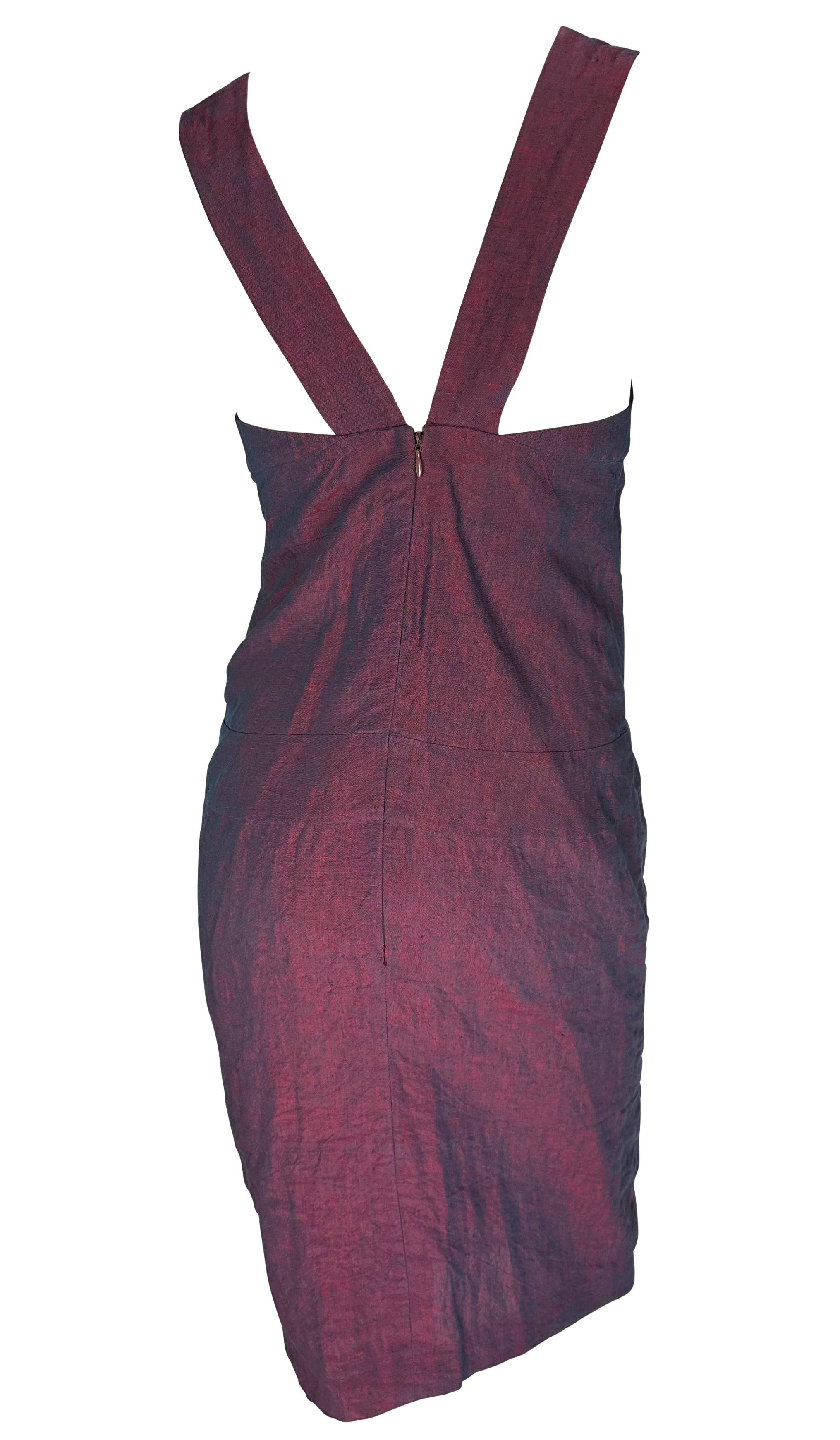 NWT 1990s Fendi by Karl Lagerfeld Iridescent Red Blue Linen Plunge Beaded Dress For Sale 1