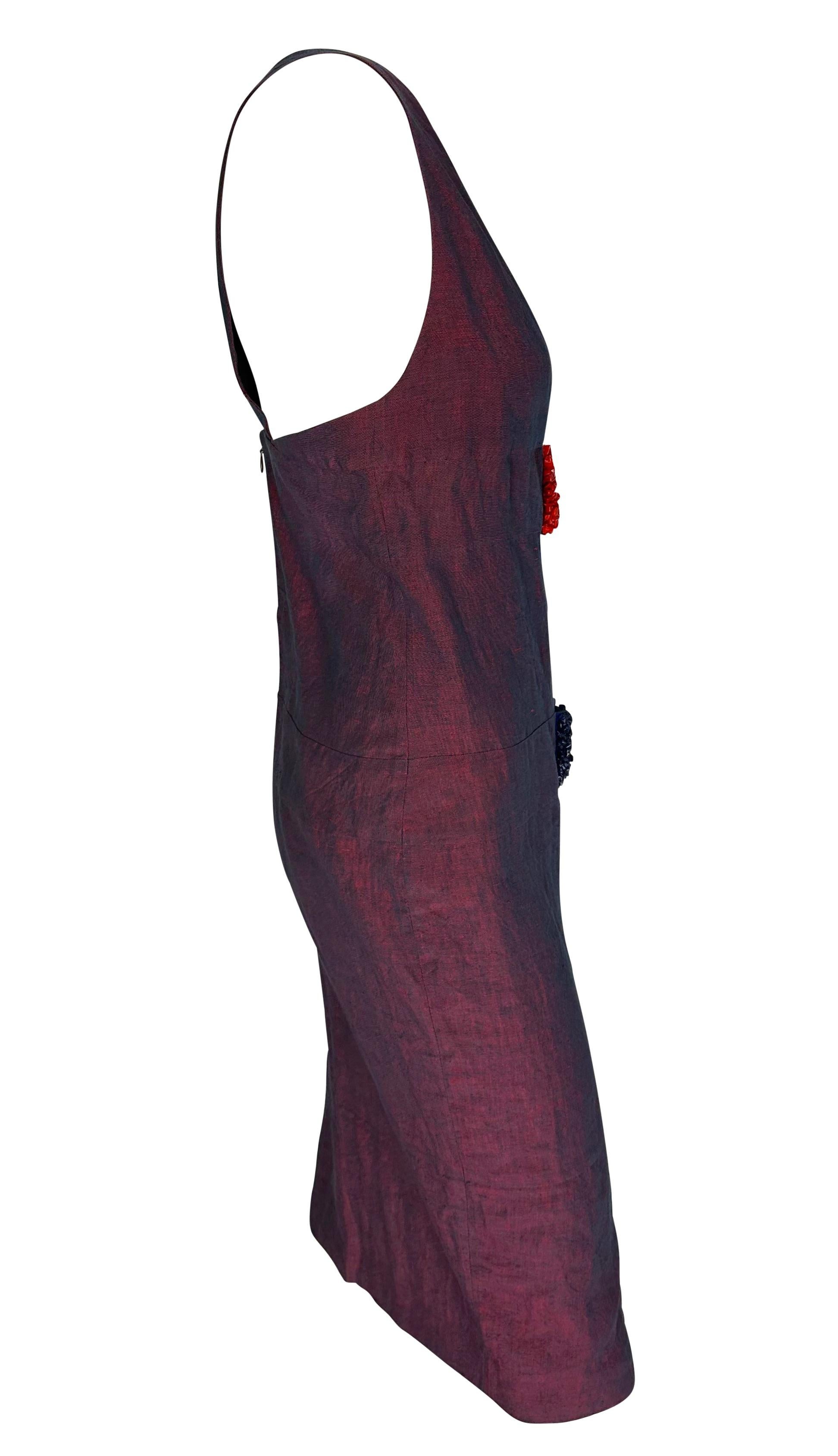 NWT 1990s Fendi by Karl Lagerfeld Iridescent Red Blue Linen Plunge Beaded Dress For Sale 2