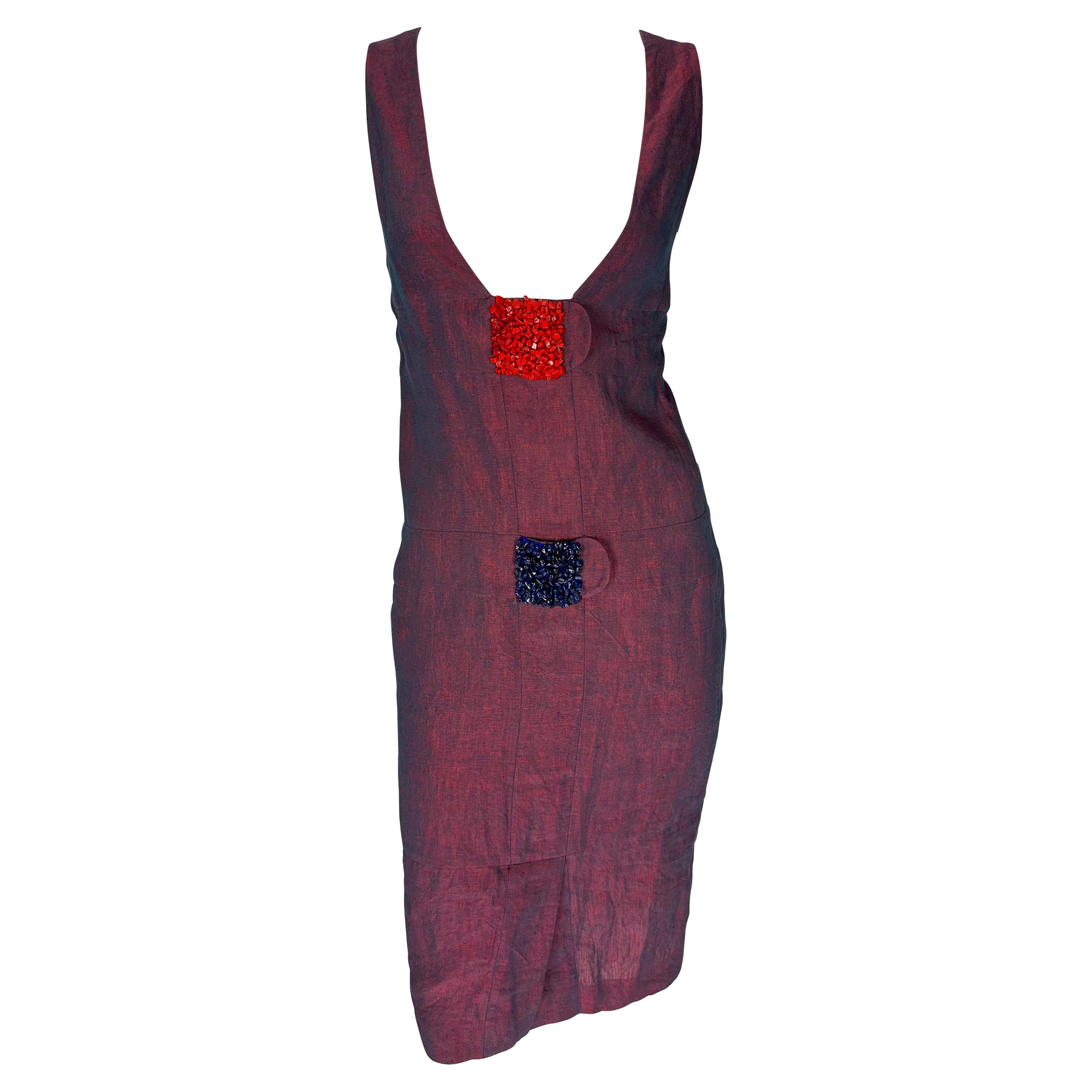 NWT 1990s Fendi by Karl Lagerfeld Iridescent Red Blue Linen Plunge Beaded Dress For Sale