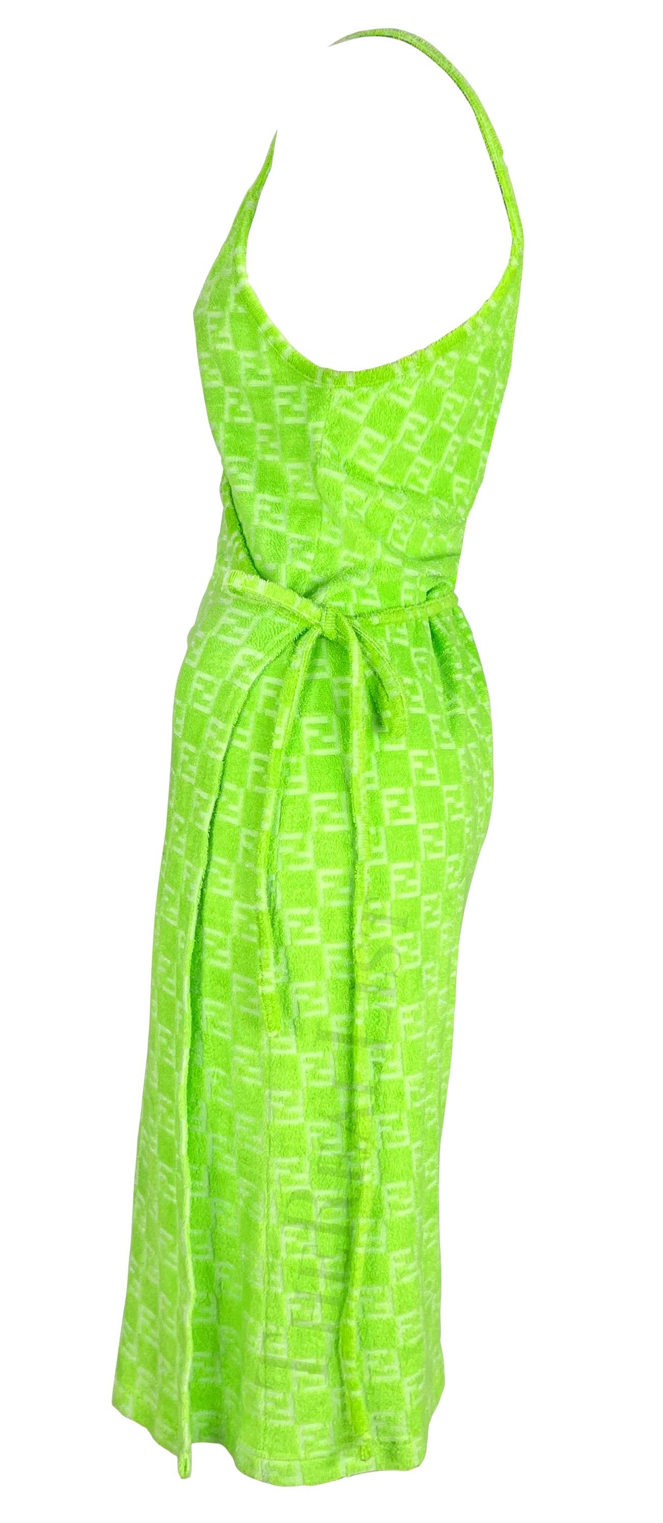 NWT 1990s Fendi by Karl Lagerfeld Neon Green Terry Cloth FF Logo Wrap Dress In Excellent Condition For Sale In West Hollywood, CA