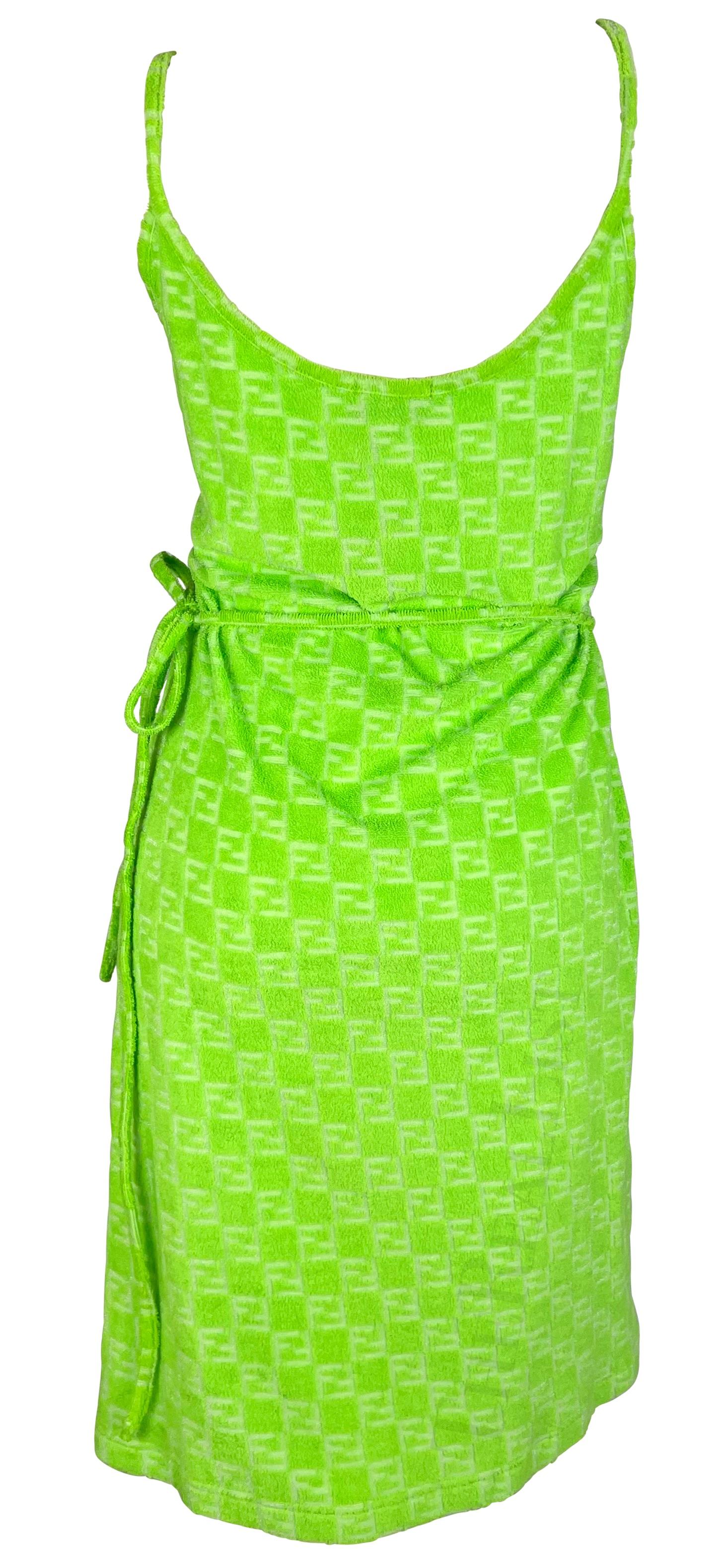 Women's NWT 1990s Fendi by Karl Lagerfeld Neon Green Terry Cloth FF Logo Wrap Dress For Sale