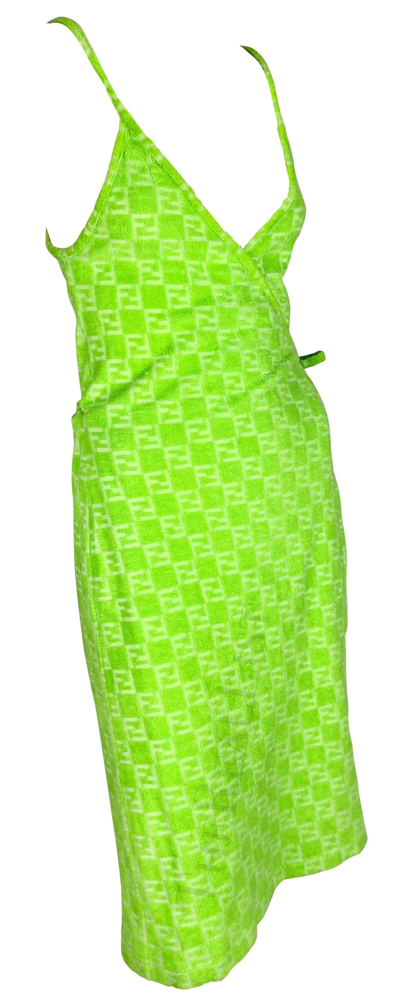 NWT 1990s Fendi by Karl Lagerfeld Neon Green Terry Cloth FF Logo Wrap Dress For Sale 2