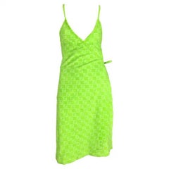 Vintage NWT 1990s Fendi by Karl Lagerfeld Neon Green Terry Cloth FF Logo Wrap Dress