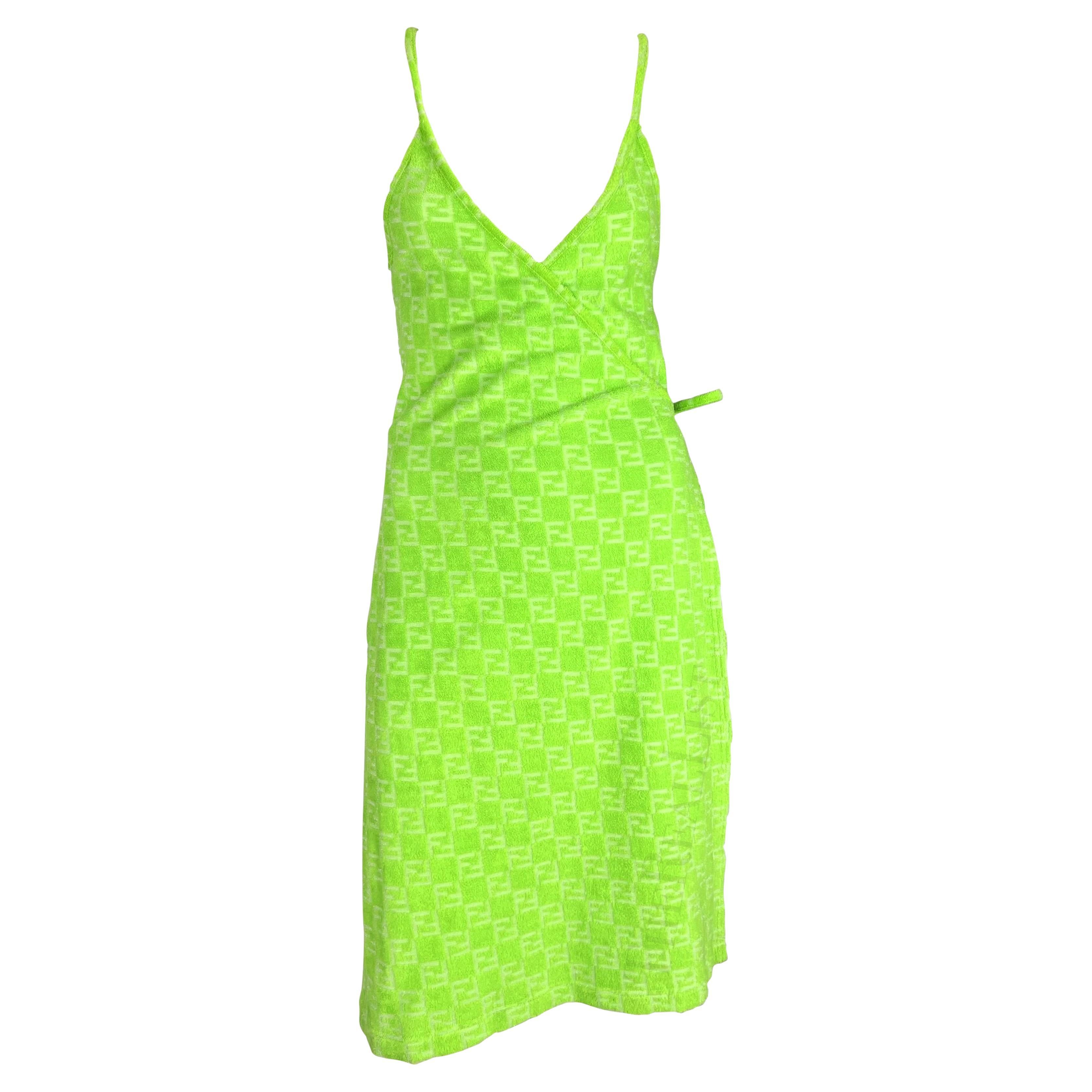 NWT 1990s Fendi by Karl Lagerfeld Neon Green Terry Cloth FF Logo Wrap Dress For Sale