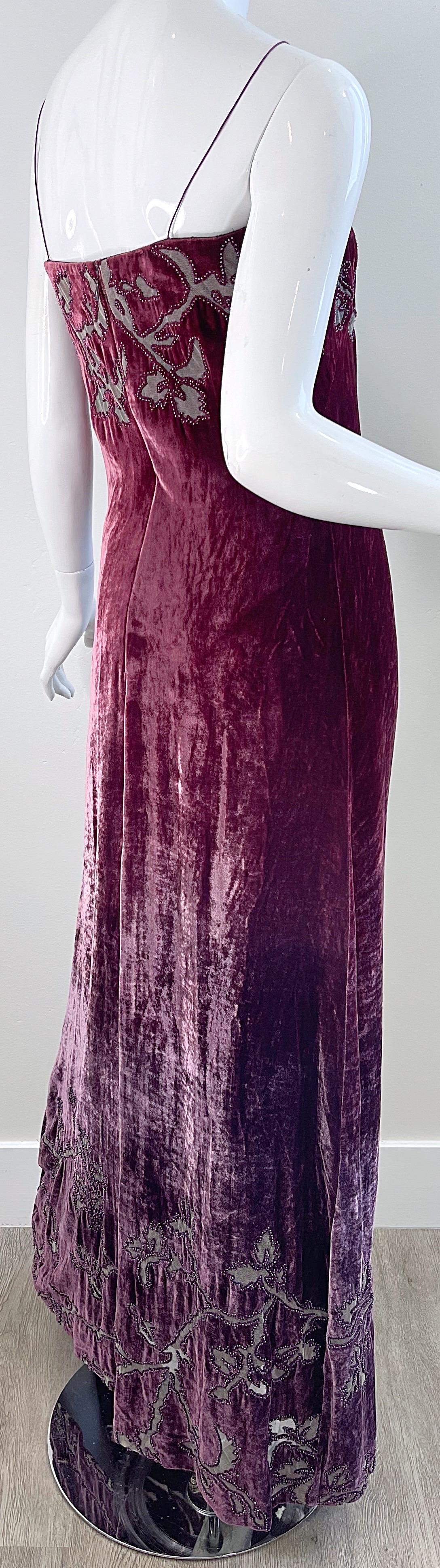 NWT 1990s HALSTON Burgundy Ombré Silk Burnout Velvet Devore Beaded 90s Gown  For Sale 6