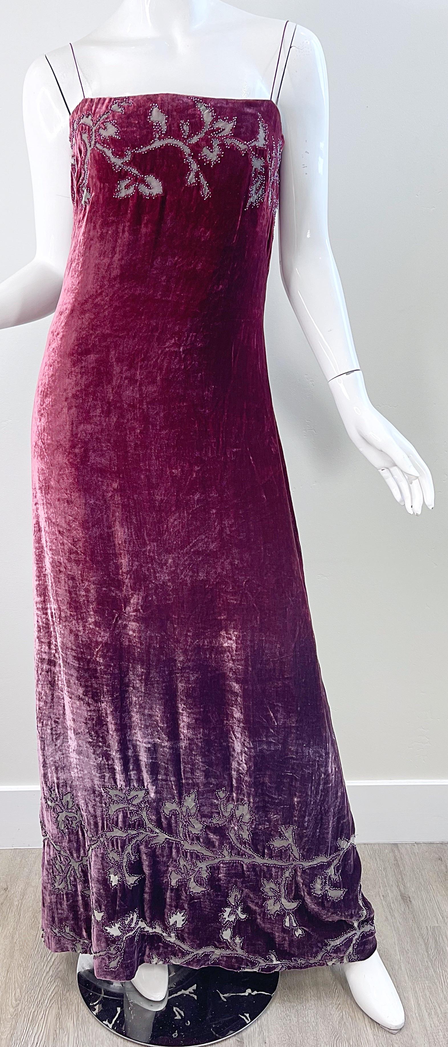NWT 1990s HALSTON Burgundy Ombré Silk Burnout Velvet Devore Beaded 90s Gown  For Sale 7