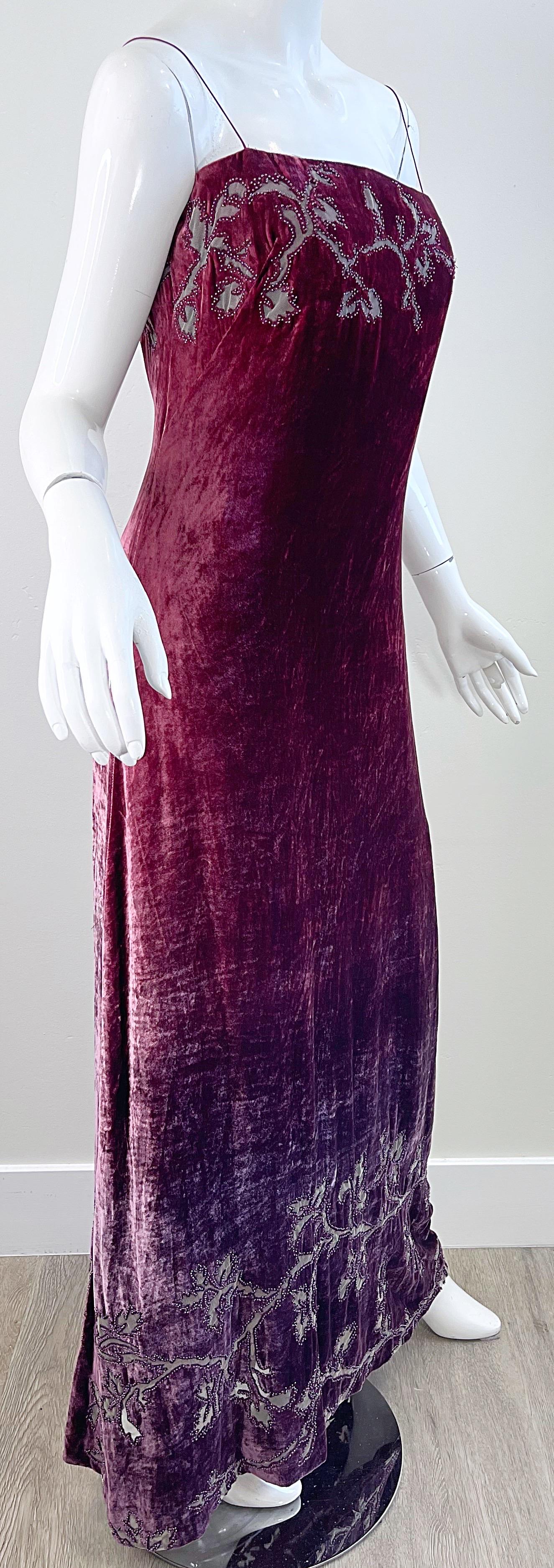 NWT 1990s HALSTON Burgundy Ombré Silk Burnout Velvet Devore Beaded 90s Gown  For Sale 8