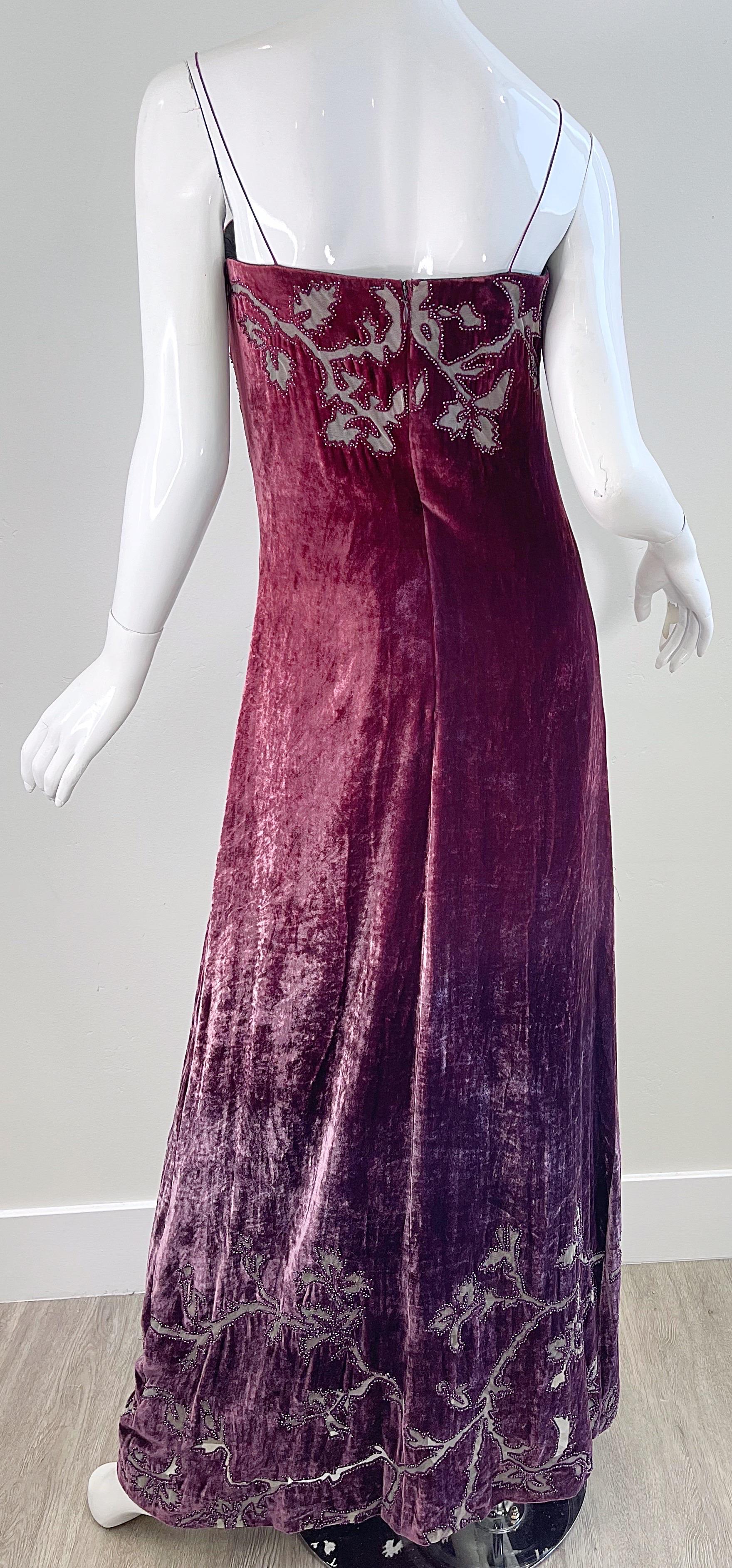 NWT 1990s HALSTON Burgundy Ombré Silk Burnout Velvet Devore Beaded 90s Gown  For Sale 9