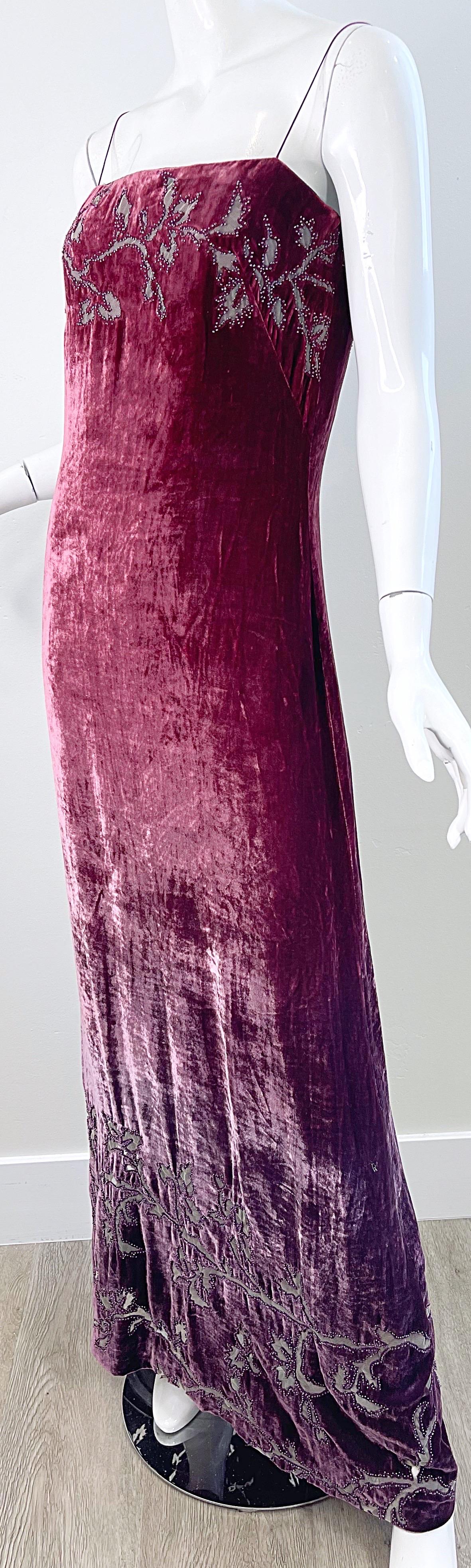 NWT 1990s HALSTON Burgundy Ombré Silk Burnout Velvet Devore Beaded 90s Gown  For Sale 10