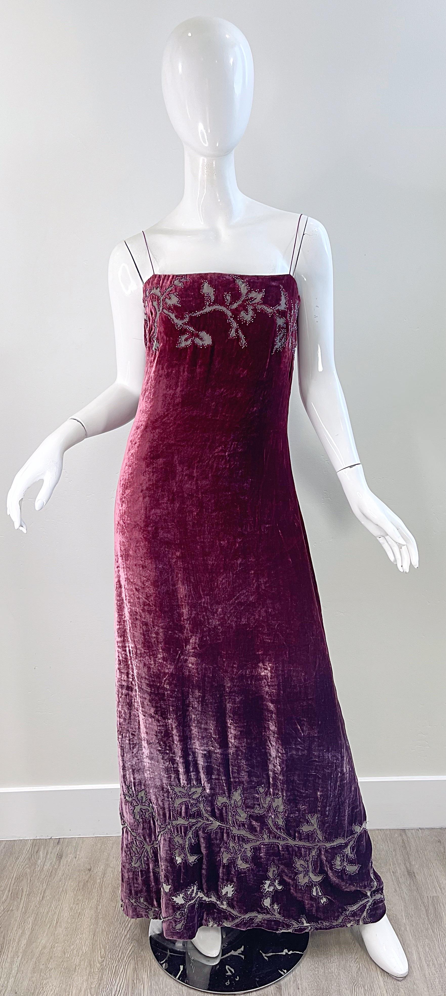 NWT 1990s HALSTON Burgundy Ombré Silk Burnout Velvet Devore Beaded 90s Gown  For Sale 12