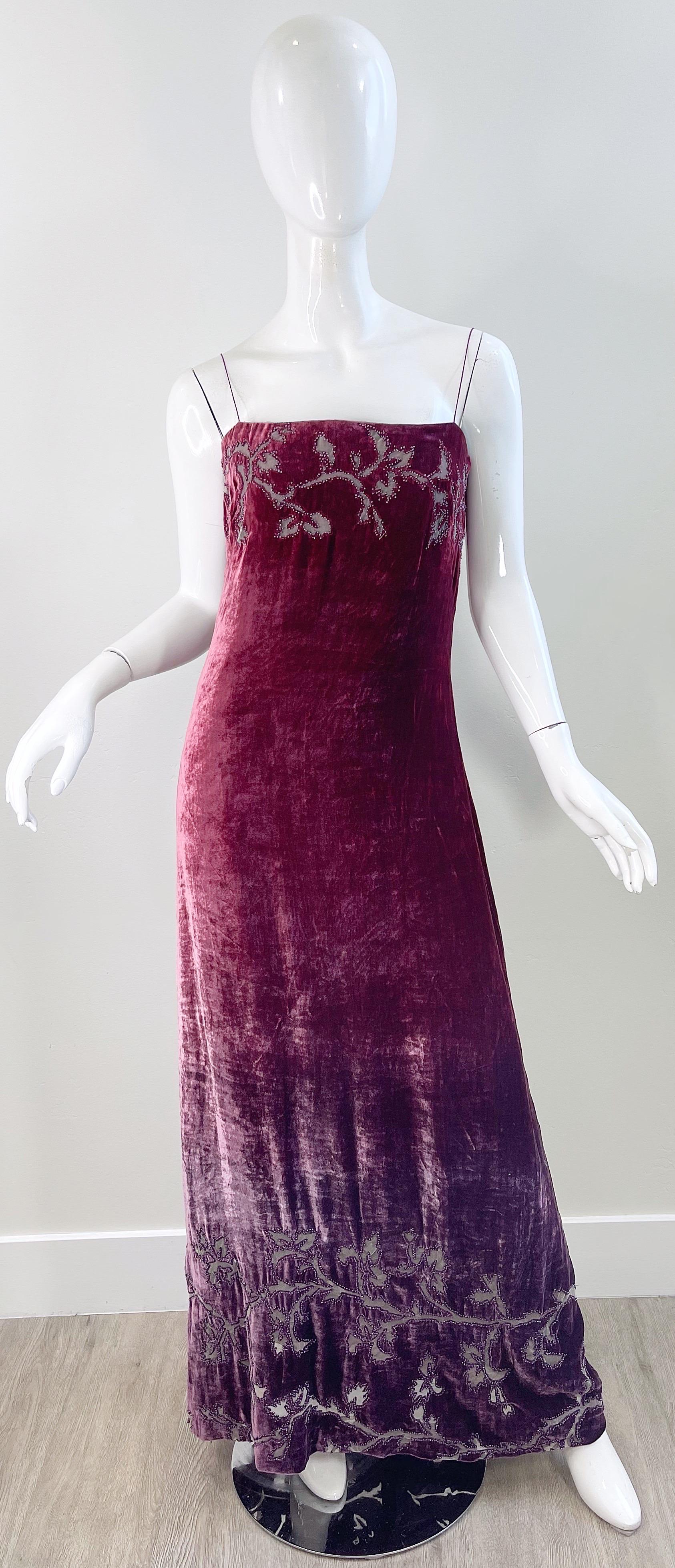 Elegant and regal brand new late 90s (1998) vintage HALSTON by Randolph Duke for Saks 5th Avenue silk burnout velvet devore beaded evening dress ! Couture quality with so much attention to detail. Built in corset on the inside holds everything in
