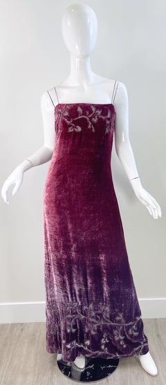 NWT 1990s HALSTON Burgundy Ombré Silk Burnout Velvet Devore Beaded 90s Gown
