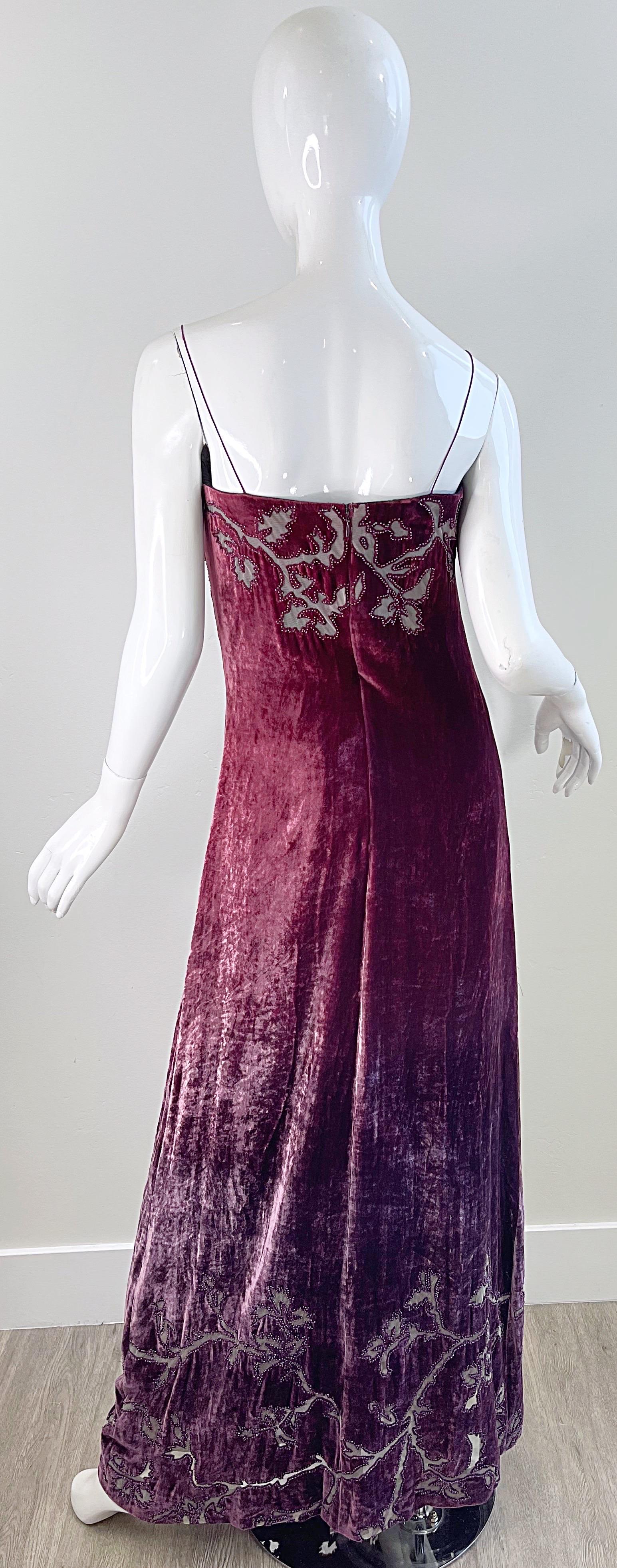Women's NWT 1990s HALSTON Burgundy Ombré Silk Burnout Velvet Devore Beaded 90s Gown  For Sale