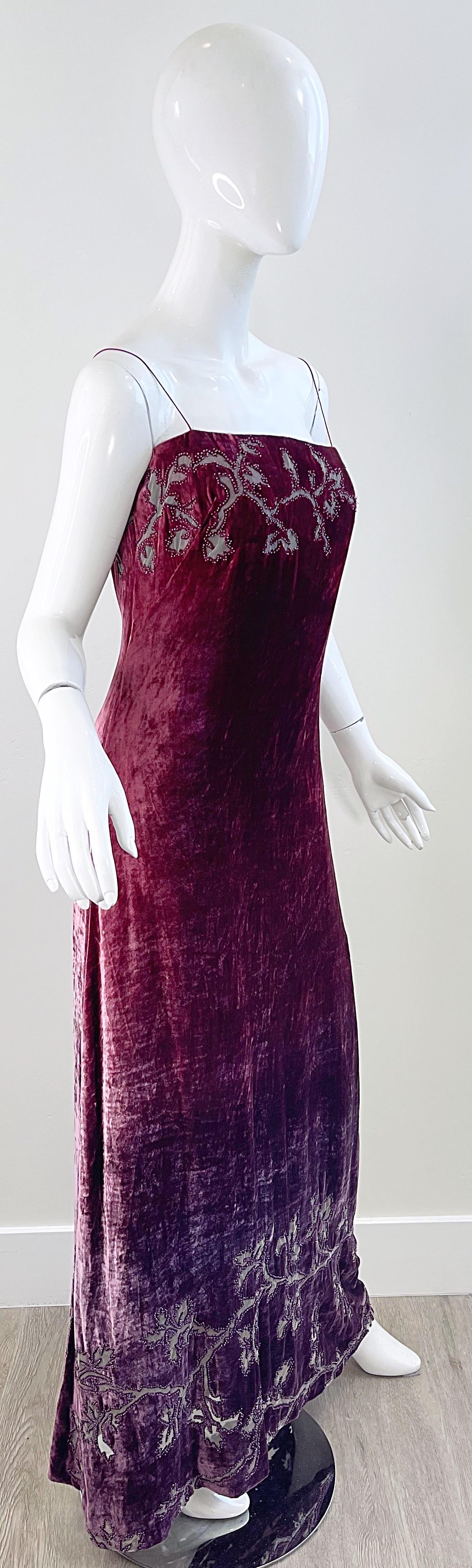 NWT 1990s HALSTON Burgundy Ombré Silk Burnout Velvet Devore Beaded 90s Gown  For Sale 2